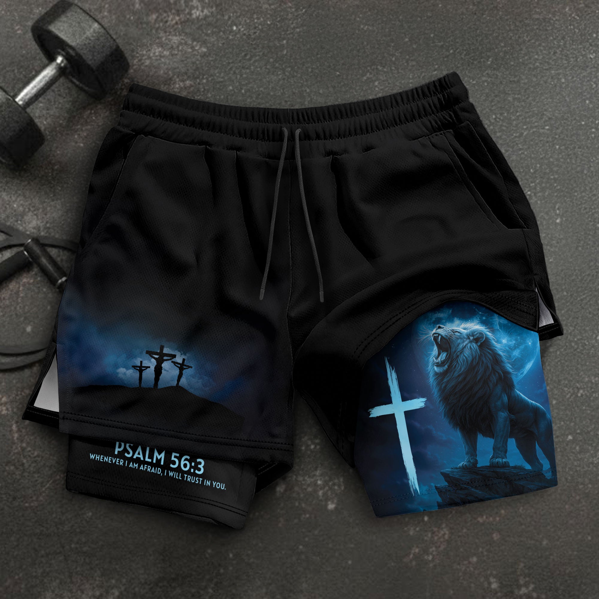 Psalm 56:3 Christian Gym Workout Shorts Men Lion Cross Bible Verse Blue - Rust Field Wear