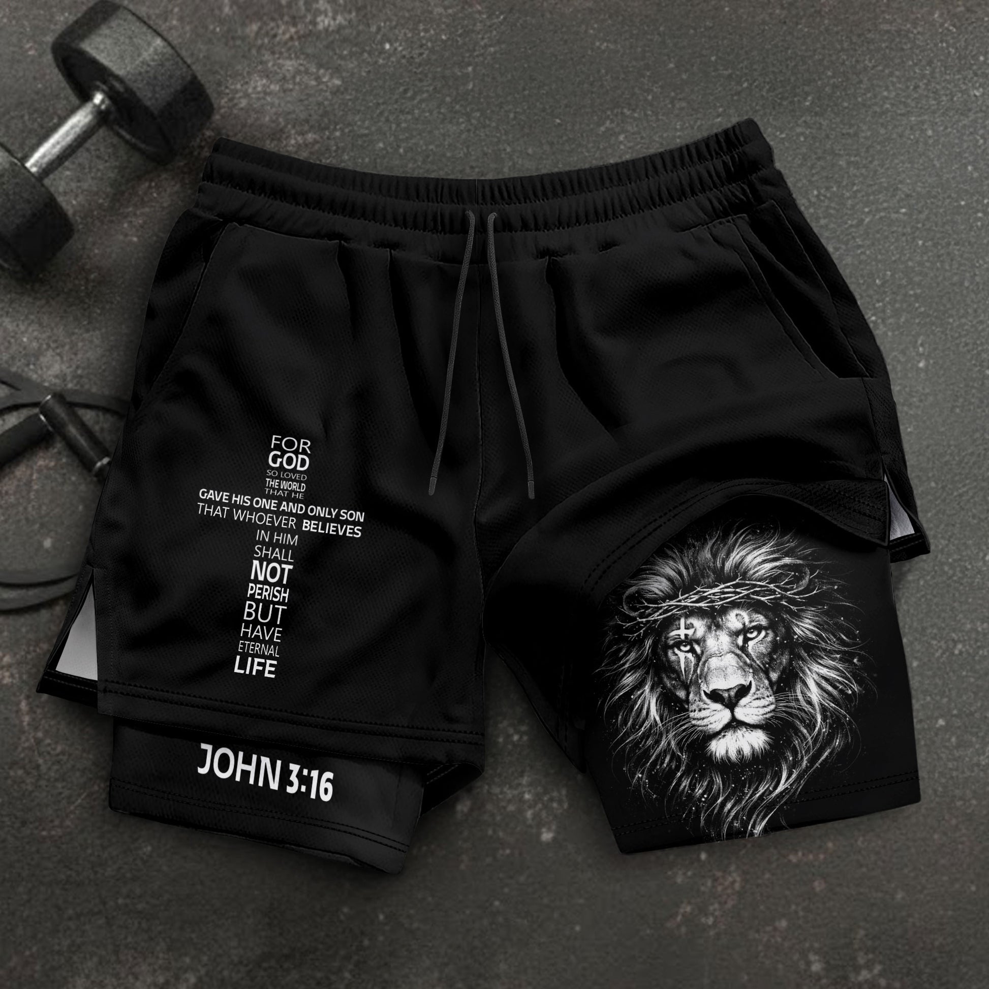John 3:16 Bible Verse Christian Gym Workout Shorts Men Lion of Judah Athletic Activewear - Rust Field Wear