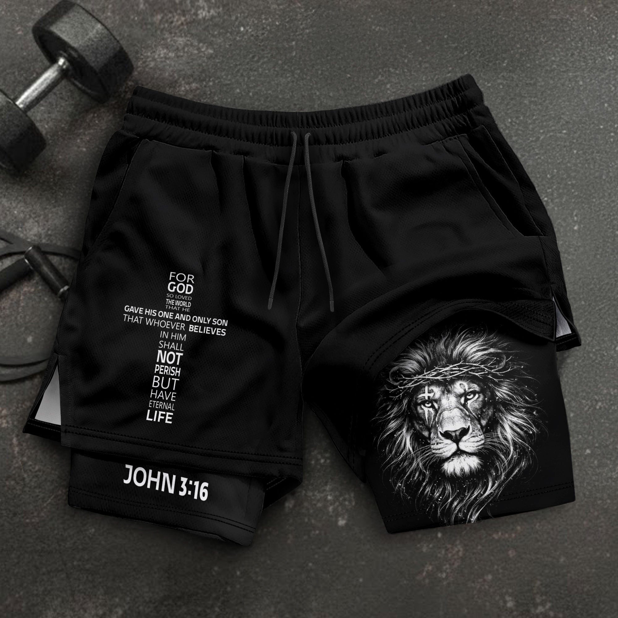 John 3:16 Bible Verse Christian Gym Workout Shorts Men Lion of Judah Athletic Activewear - Rust Field Wear