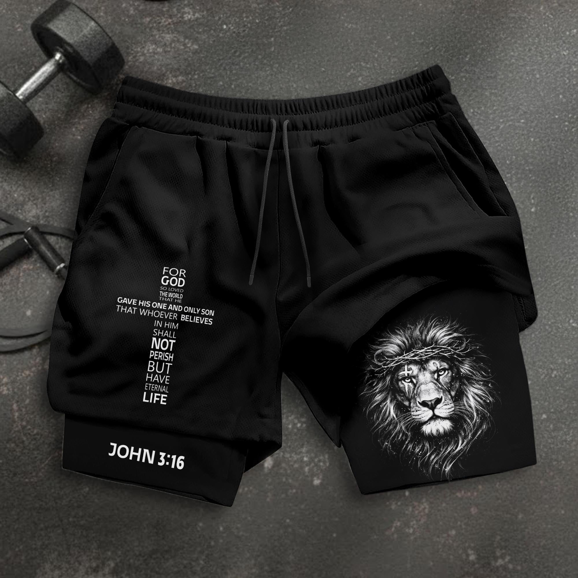 John 3:16 Bible Verse Christian Gym Workout Shorts Men Lion of Judah Athletic Activewear