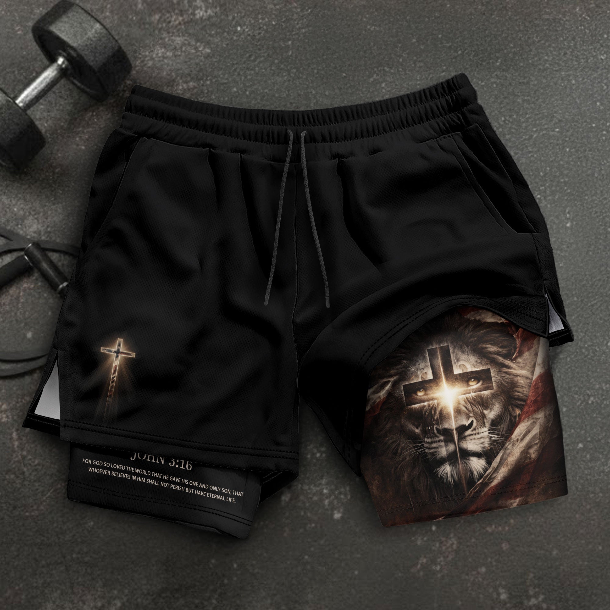 John 3:16 Bible Verse Men Christian Gym Shorts Lion of Judah Training Performance Gear - Rust Field Wear