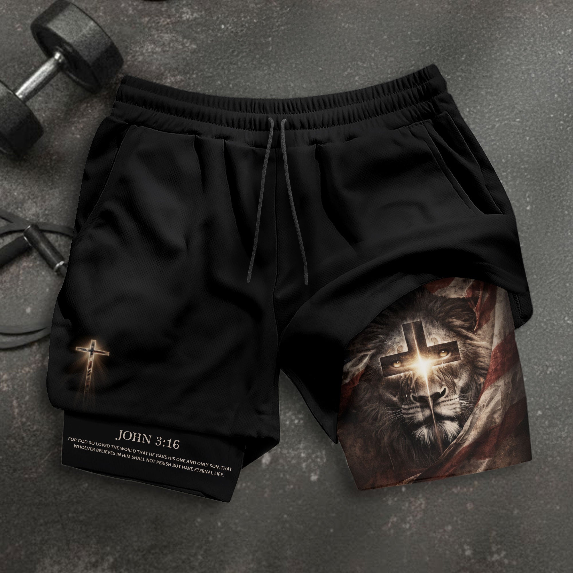 John 3:16 Bible Verse Men Christian Gym Shorts Lion of Judah Training Performance Gear