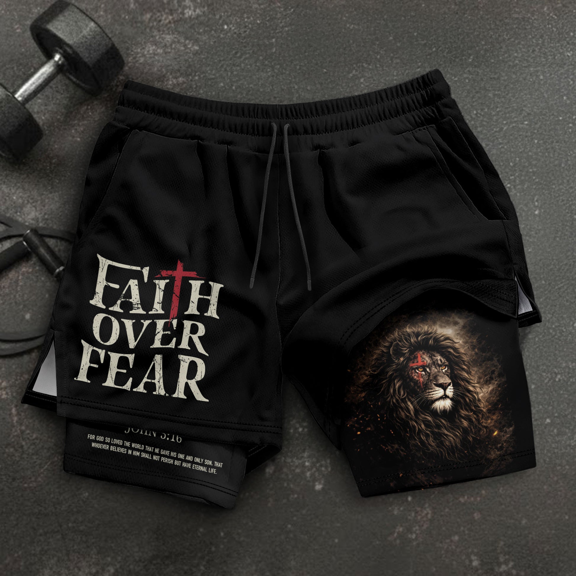 John 3:16 Bible Verse Christian Workout Shorts Men Lion of Judah Faith Over Fear Activewear - Rust Field Wear