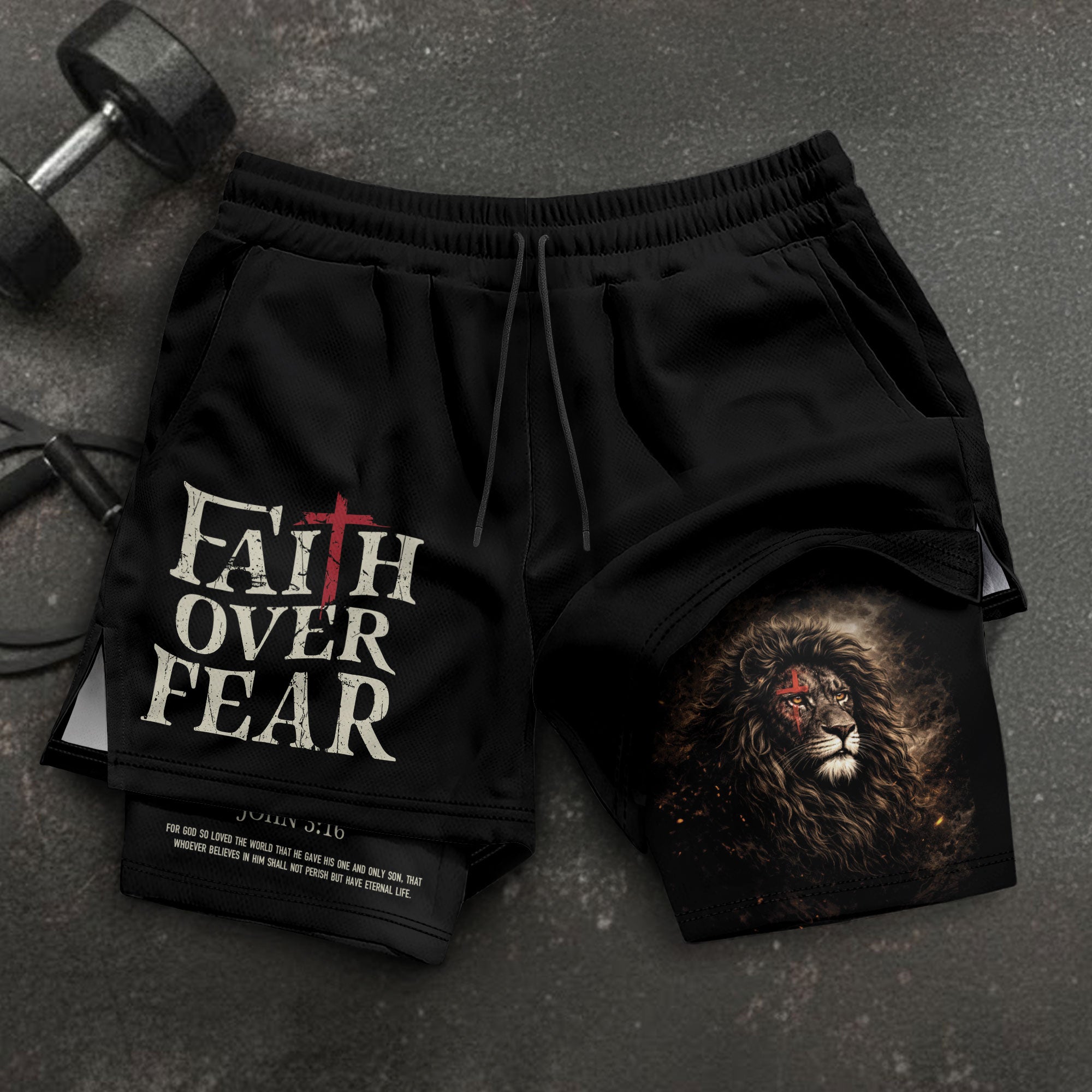 John 3:16 Bible Verse Christian Workout Shorts Men Lion of Judah Faith Over Fear Activewear - Rust Field Wear