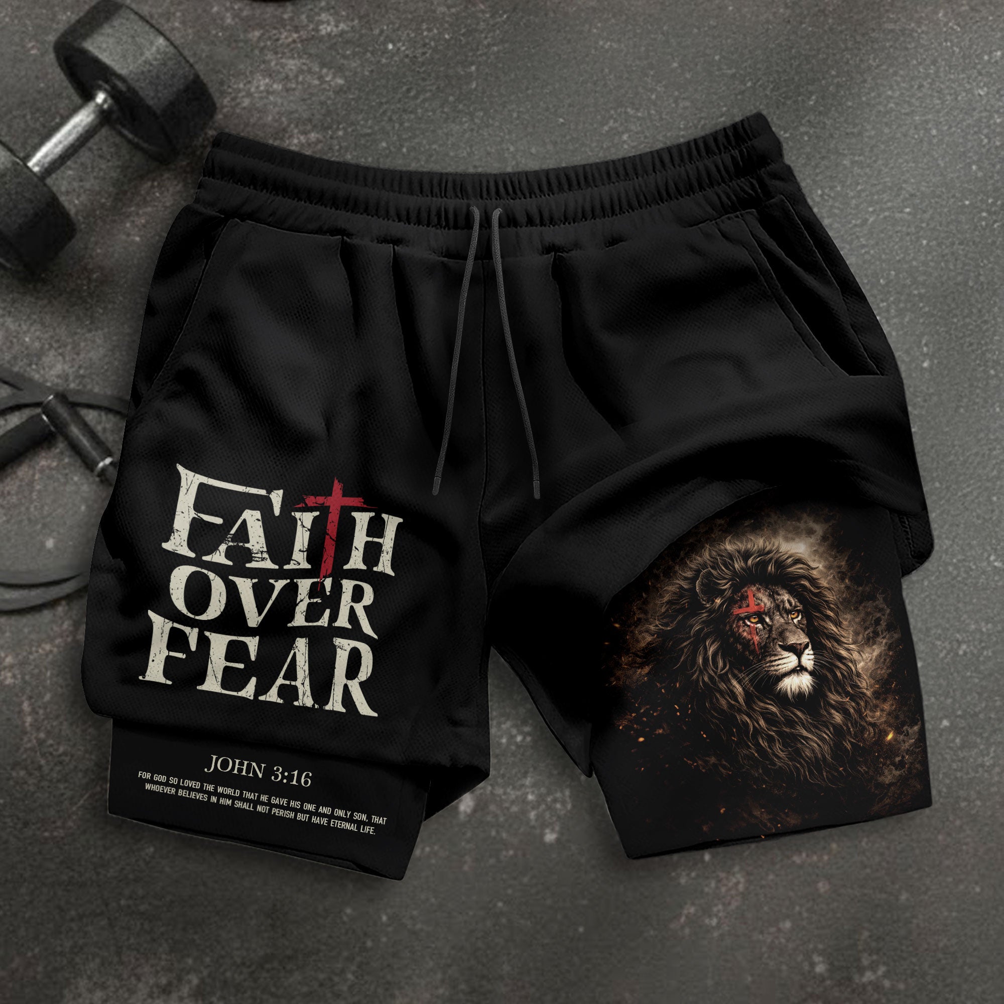 John 3:16 Bible Verse Christian Workout Shorts Men Lion of Judah Faith Over Fear Activewear