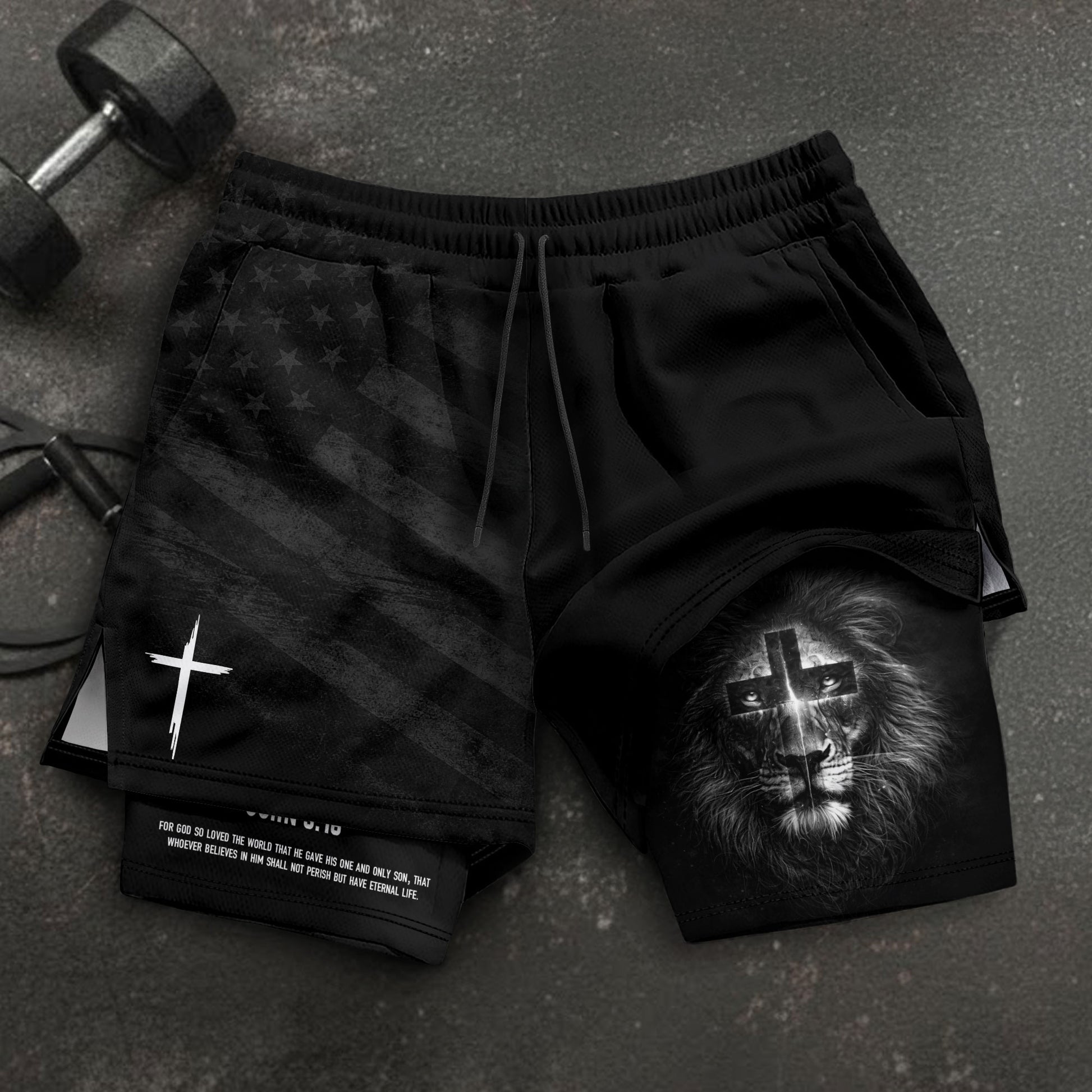 John 3:16 Bible Verse Lion of Judah Christian Gym Shorts Men Athletic Performance Wear - Rust Field Wear