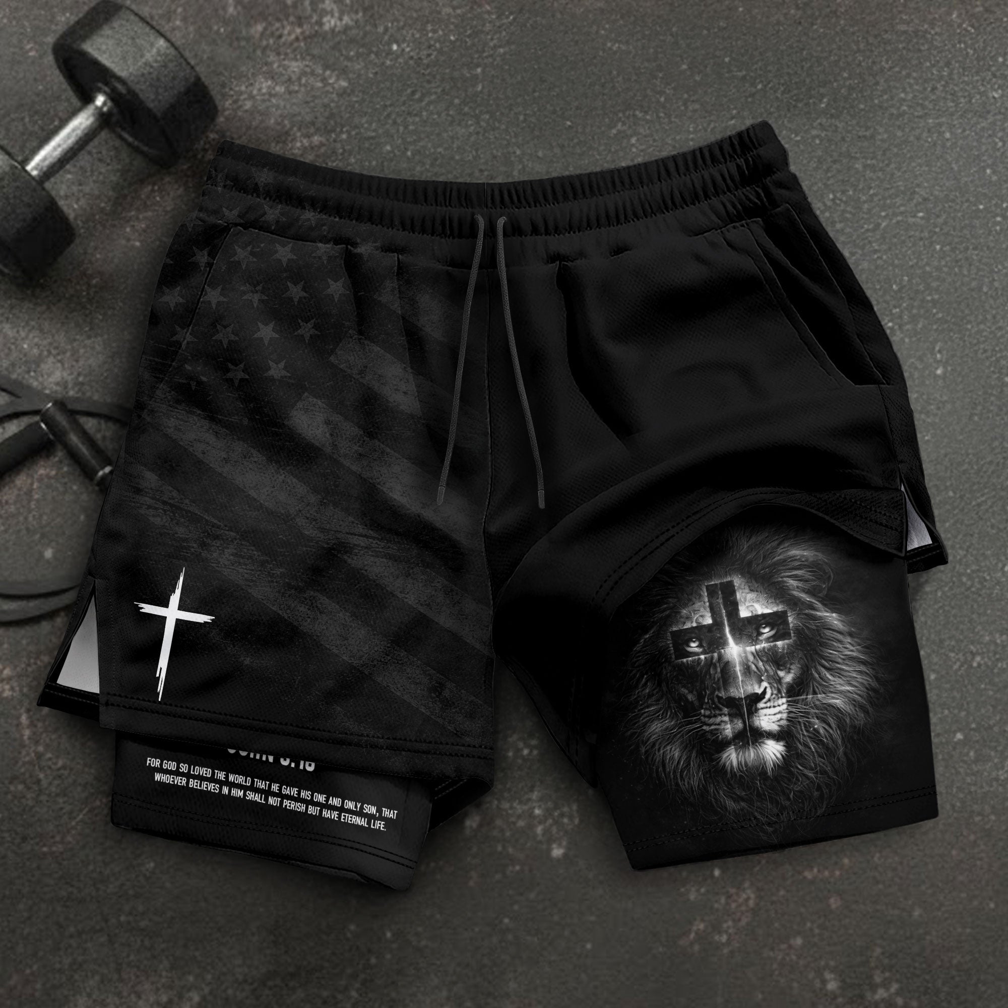 John 3:16 Bible Verse Lion of Judah Christian Gym Shorts Men Athletic Performance Wear - Rust Field Wear