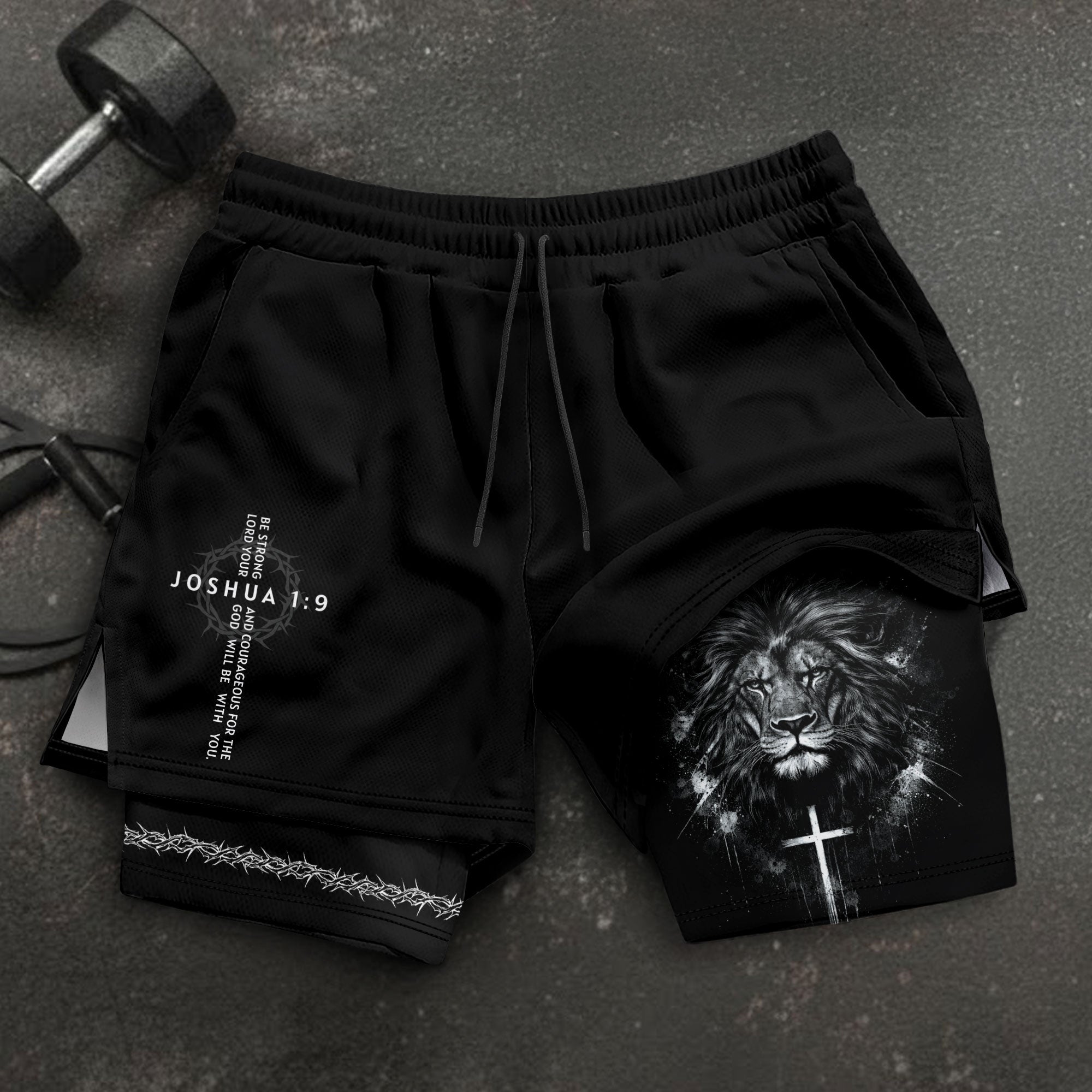 Joshua 1:9 Christian Men Gym Shorts Lion of Judah Athletic Activewear Gear - Rust Field Wear