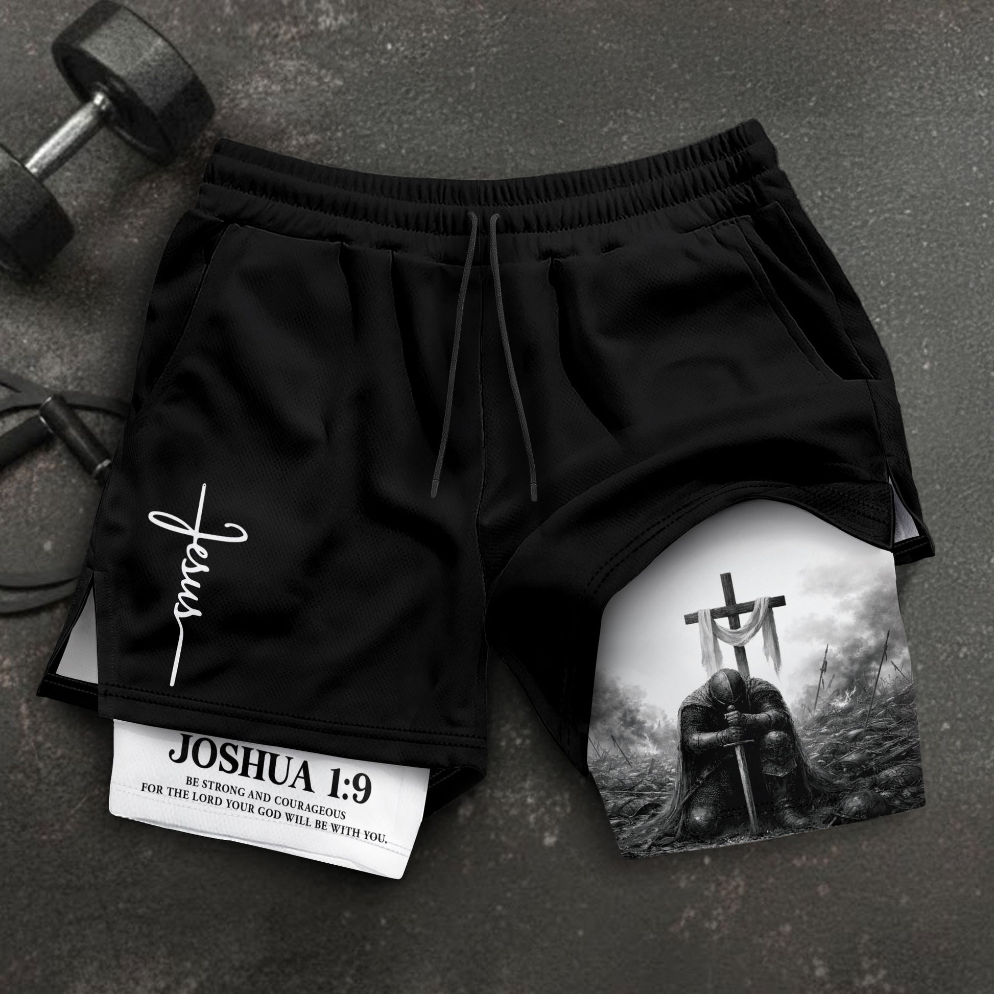 Joshua 1:9 Christian Men Gym Shorts Jesus Strong Knight Bible Training Performance Gear - Rust Field Wear