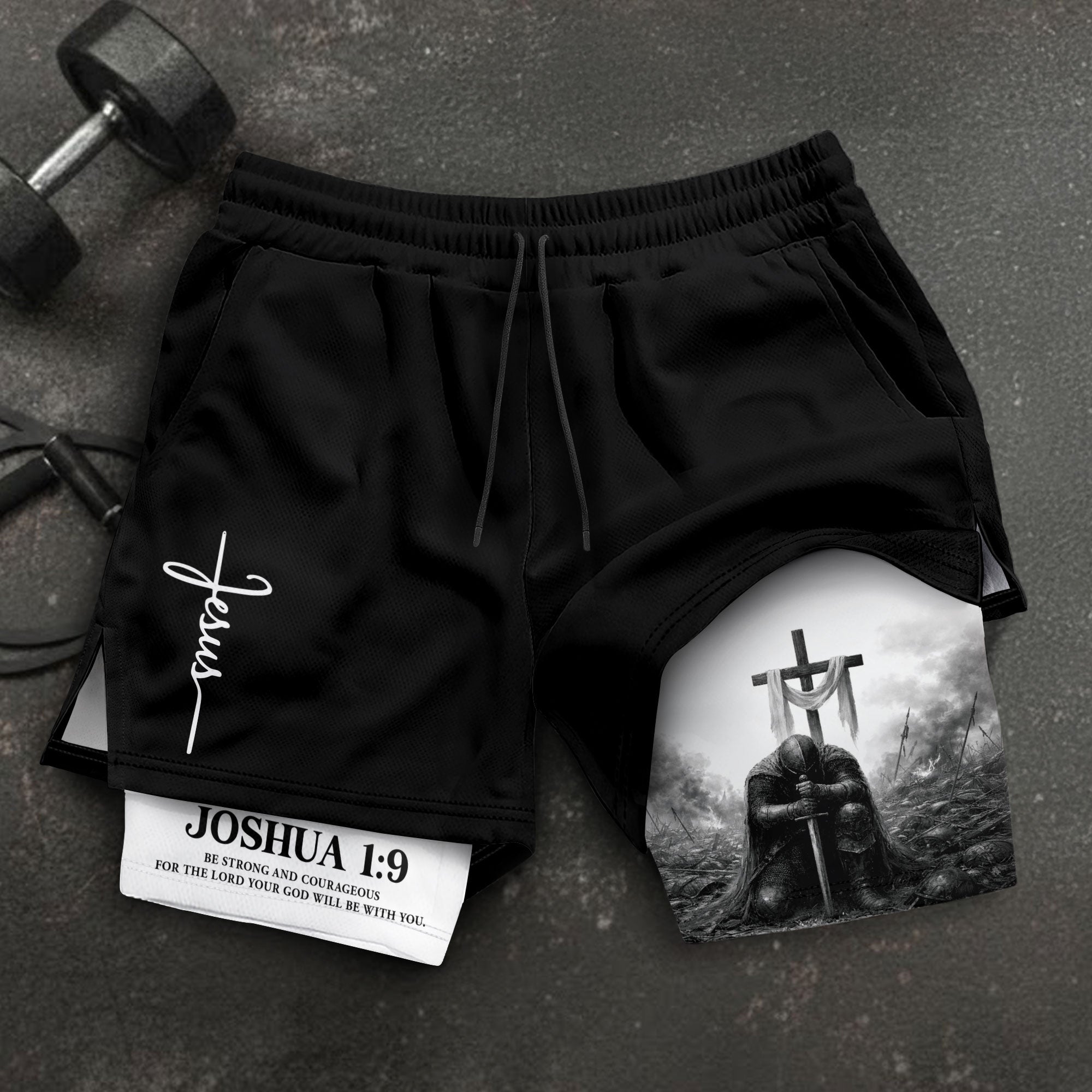 Joshua 1:9 Christian Men Gym Shorts Jesus Strong Knight Bible Training Performance Gear - Rust Field Wear