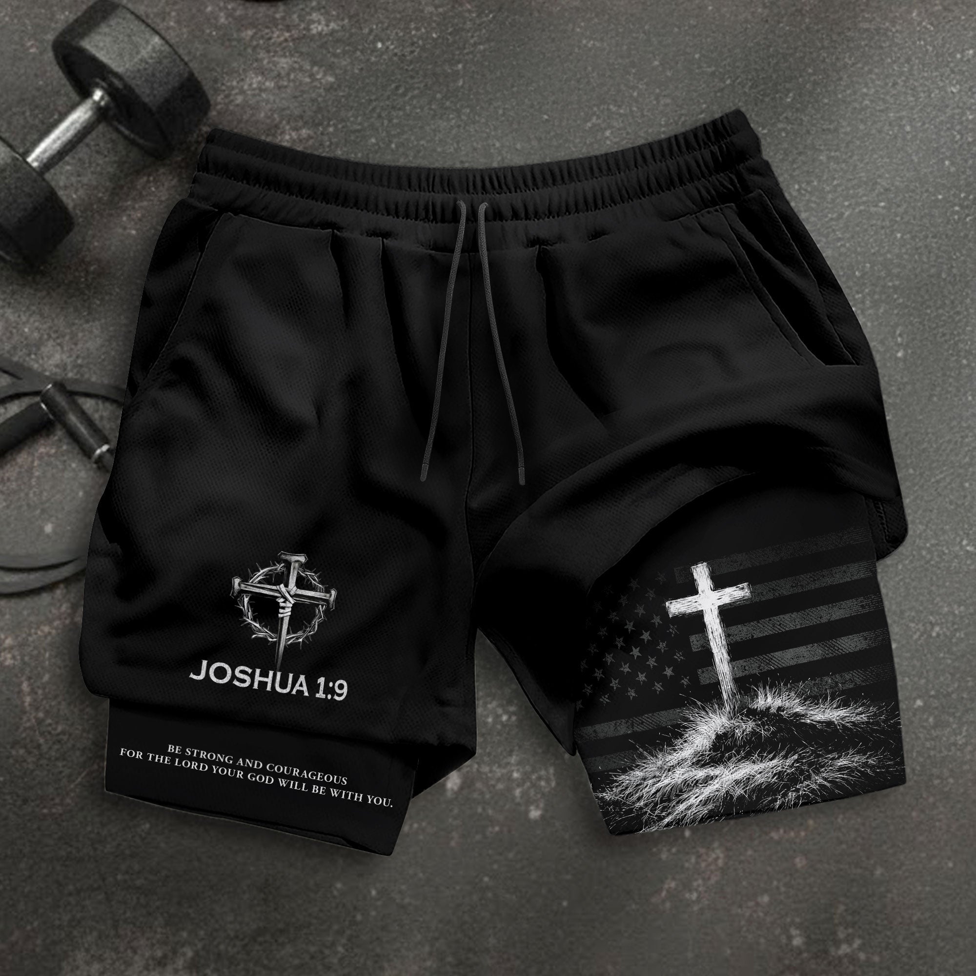 Joshua 1:9 Christian Men Gym Shorts USA Flag Strong and Courageous Athletic Activewear