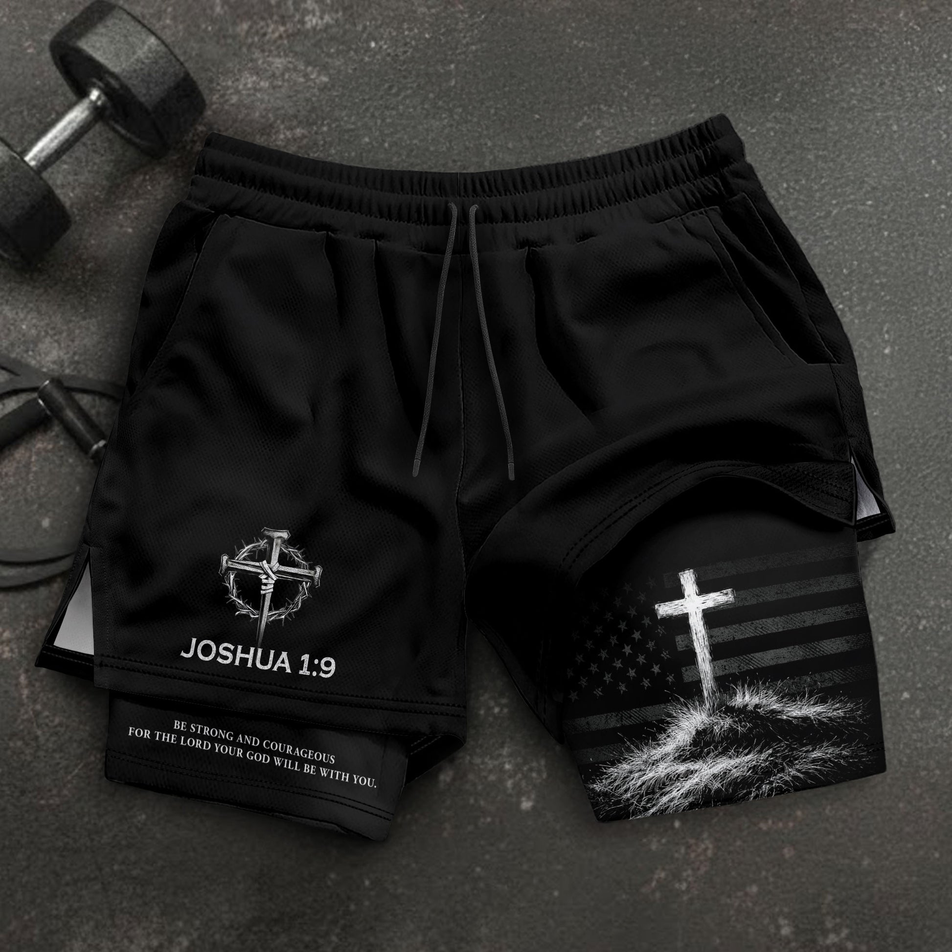 Joshua 1:9 Christian Men Gym Shorts USA Flag Strong and Courageous Athletic Activewear - Rust Field Wear
