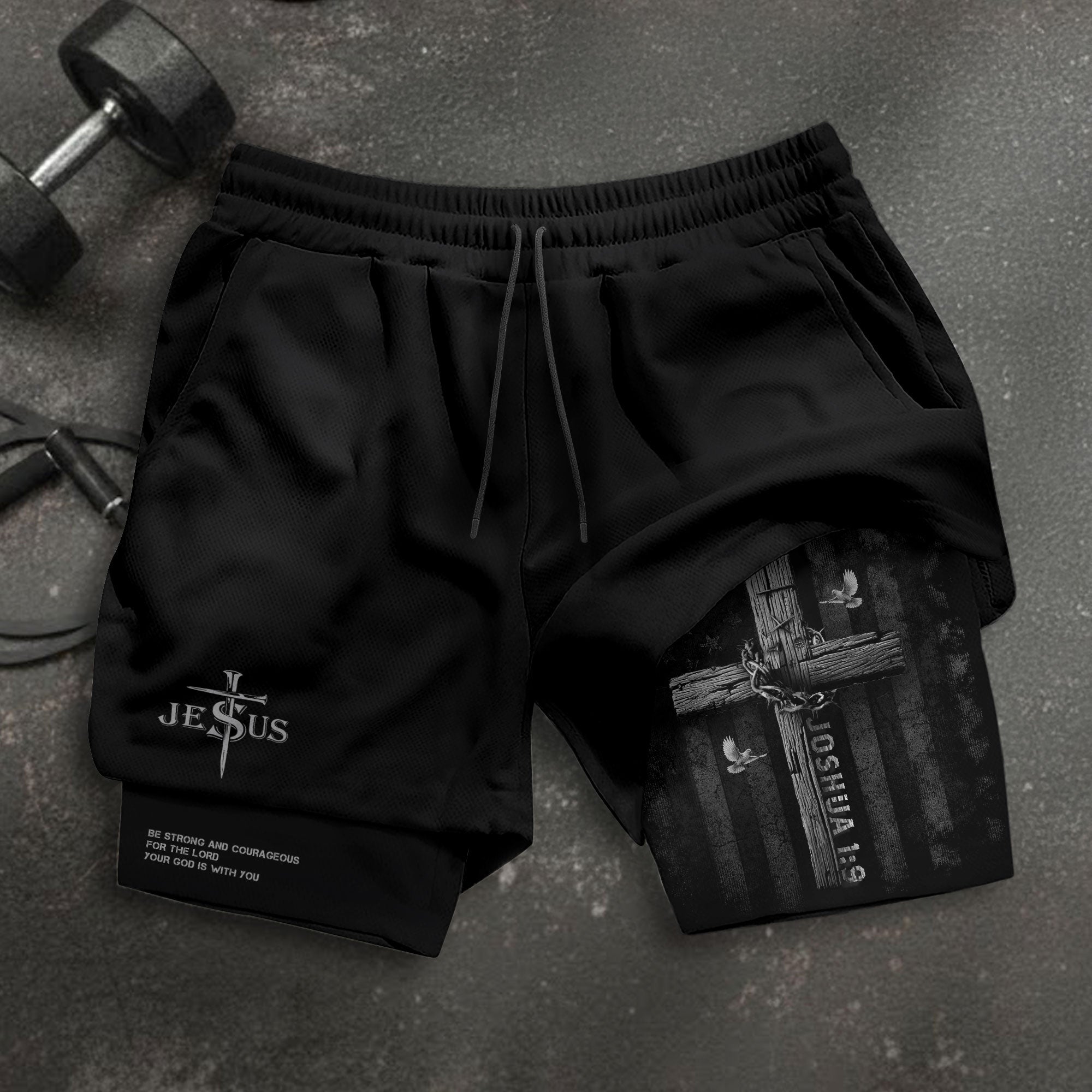 Joshua 1:9 Bible Verse Christian Men Gym Shorts Be Strong and Courageous Jesus USA Flag Knight Activewear