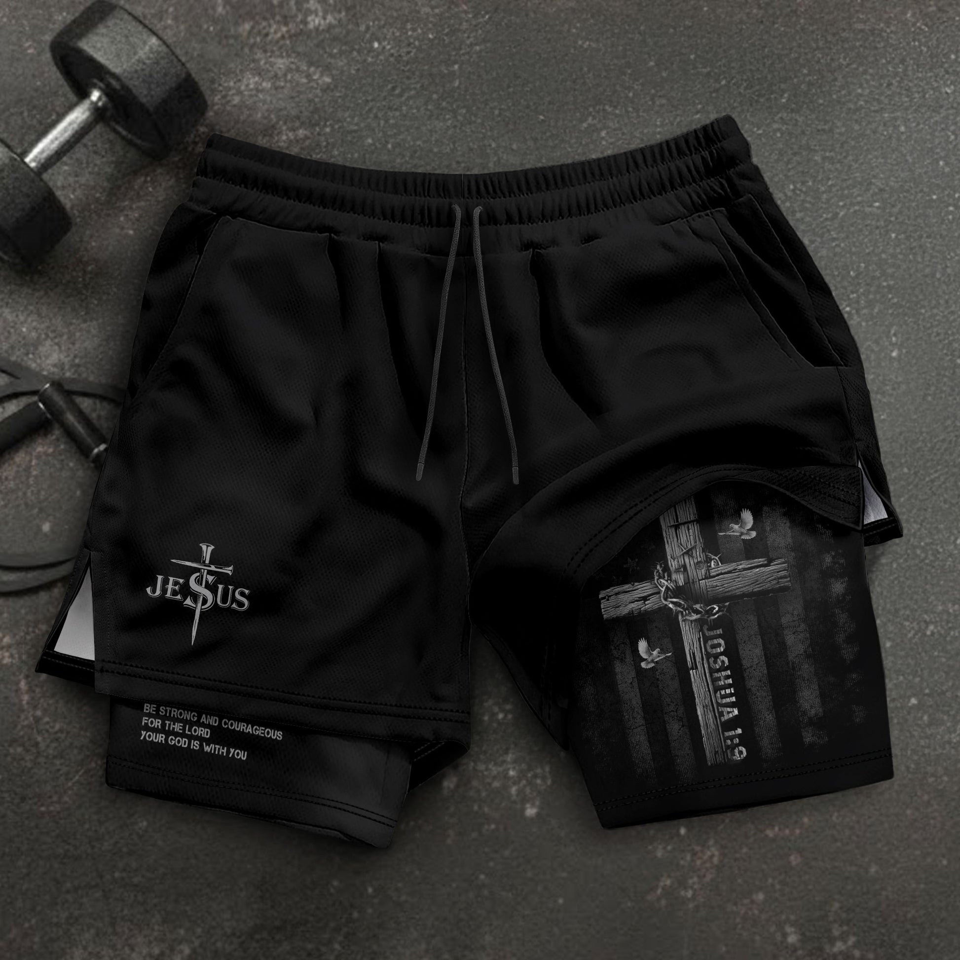 Joshua 1:9 Bible Verse Christian Men Gym Shorts Be Strong and Courageous Jesus USA Flag Knight Activewear - Rust Field Wear