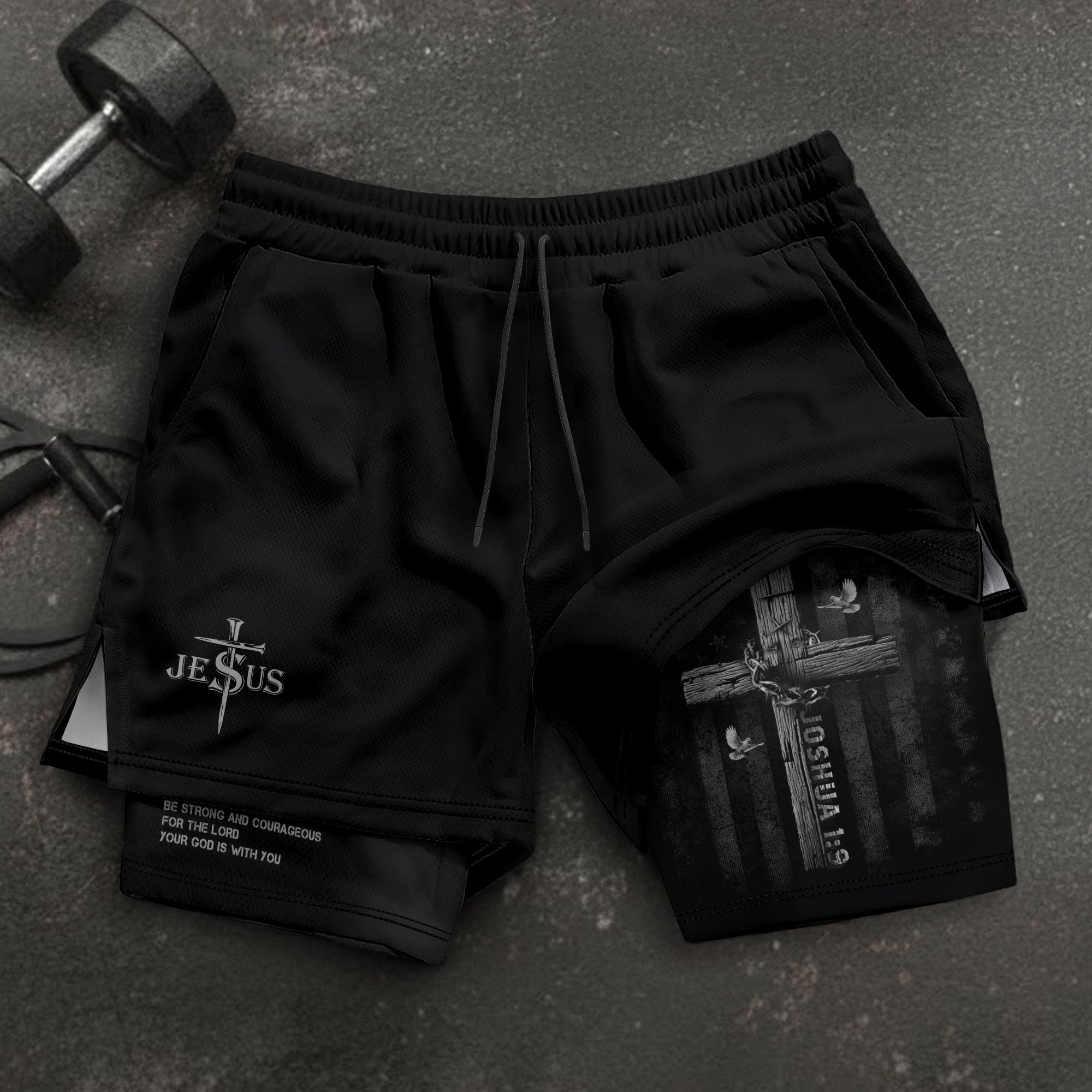 Joshua 1:9 Bible Verse Christian Men Gym Shorts Be Strong and Courageous Jesus USA Flag Knight Activewear - Rust Field Wear