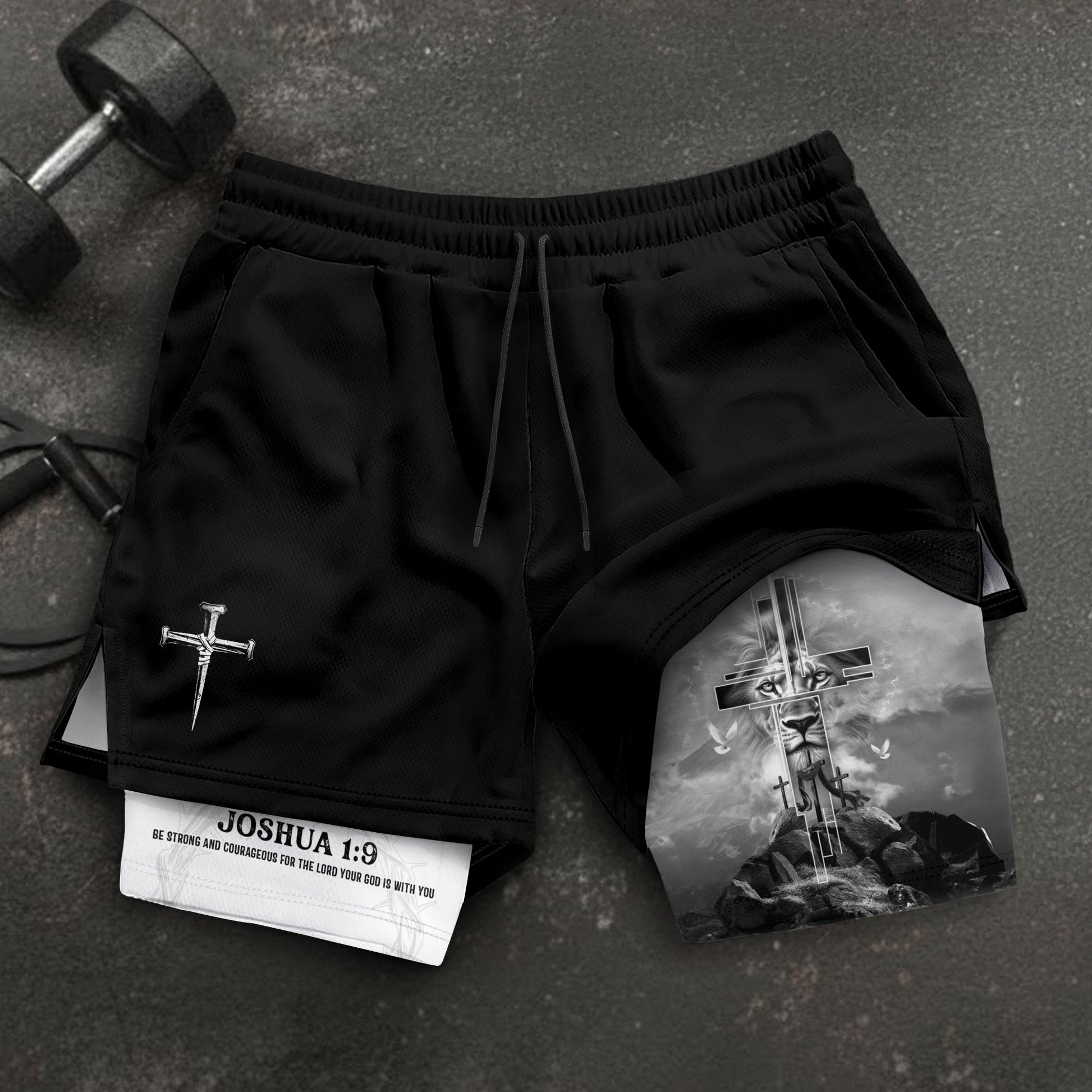Joshua 1:9 Bible Verse Christian Men Gym Shorts Cross Lion of Judah Training Performance Gear - Rust Field Wear