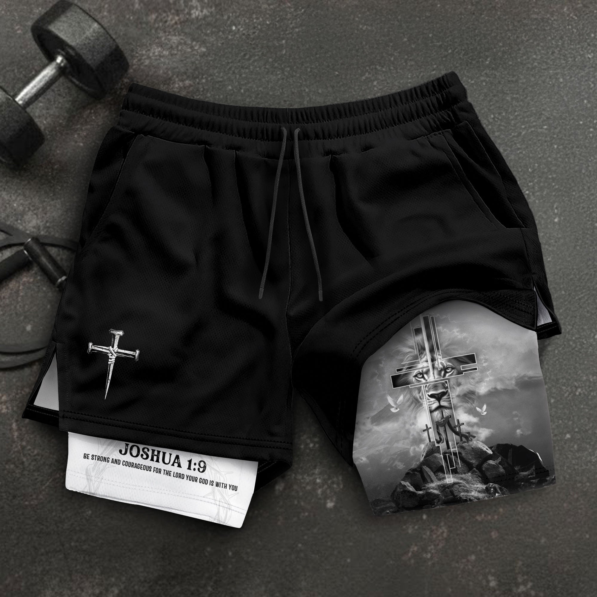 Joshua 1:9 Bible Verse Christian Men Gym Shorts Cross Lion of Judah Training Performance Gear - Rust Field Wear