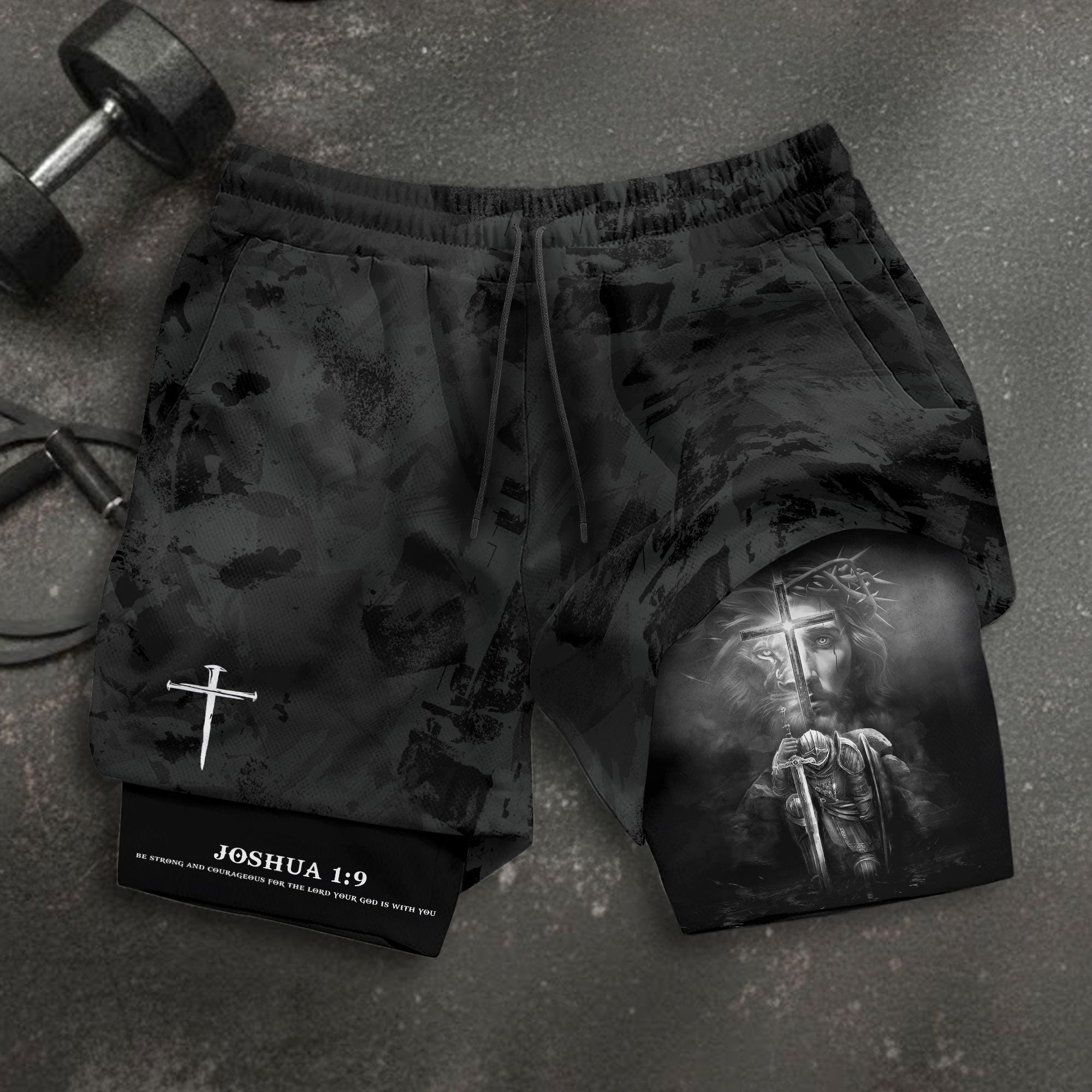Joshua 1:9 Bible Verse Christian Men Gym Shorts Jesus Knight Kneeling Cross Training Activewear