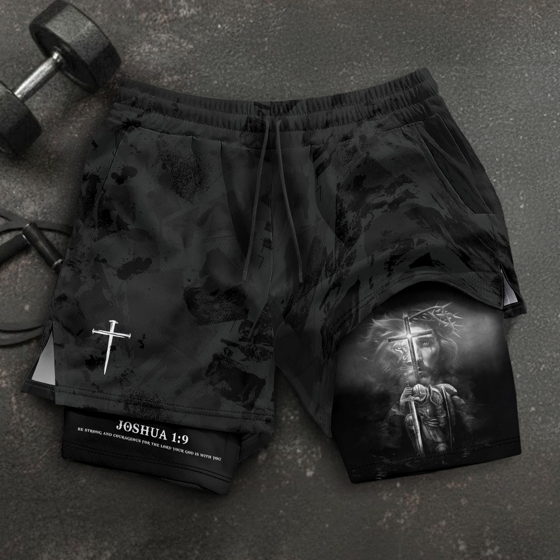 Joshua 1:9 Bible Verse Christian Men Gym Shorts Jesus Knight Kneeling Cross Training Activewear - Rust Field Wear