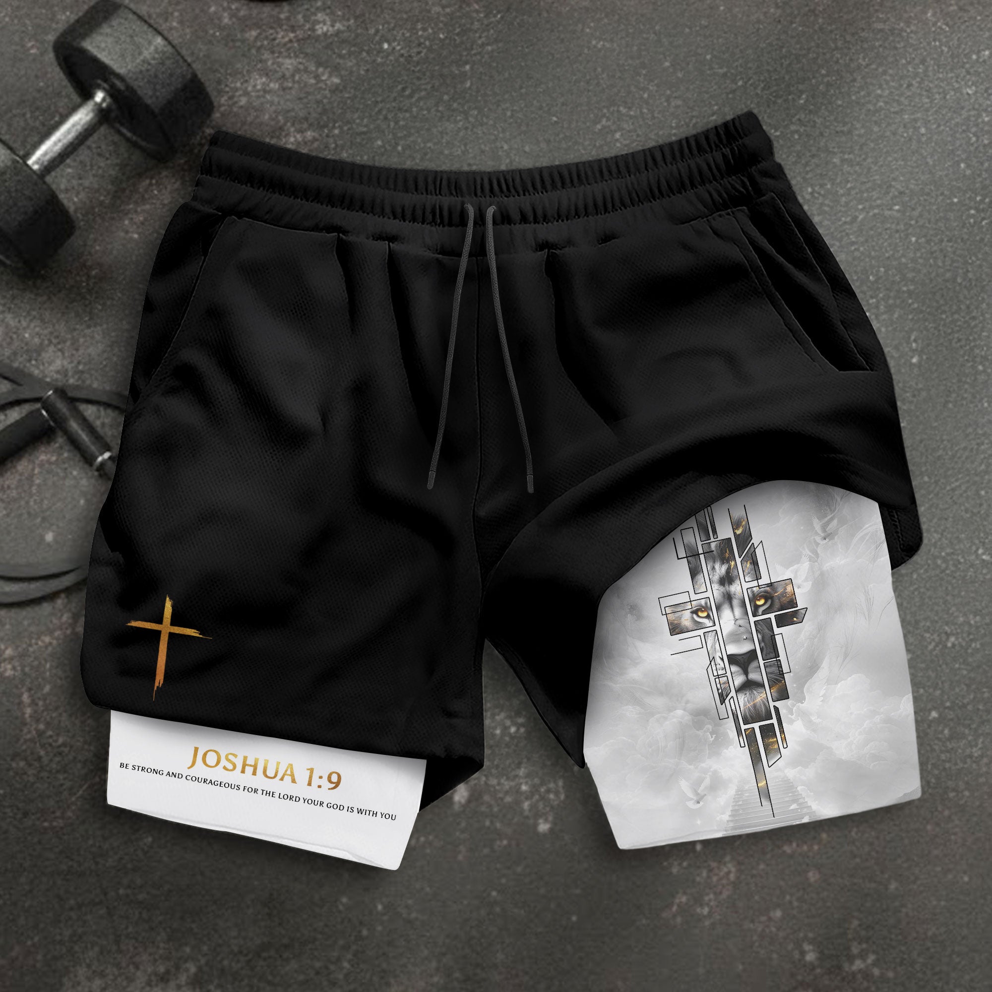 Joshua 1:9 Bible Verse Christian Men Workout Shorts Gold Lion of Judah Training Apparel