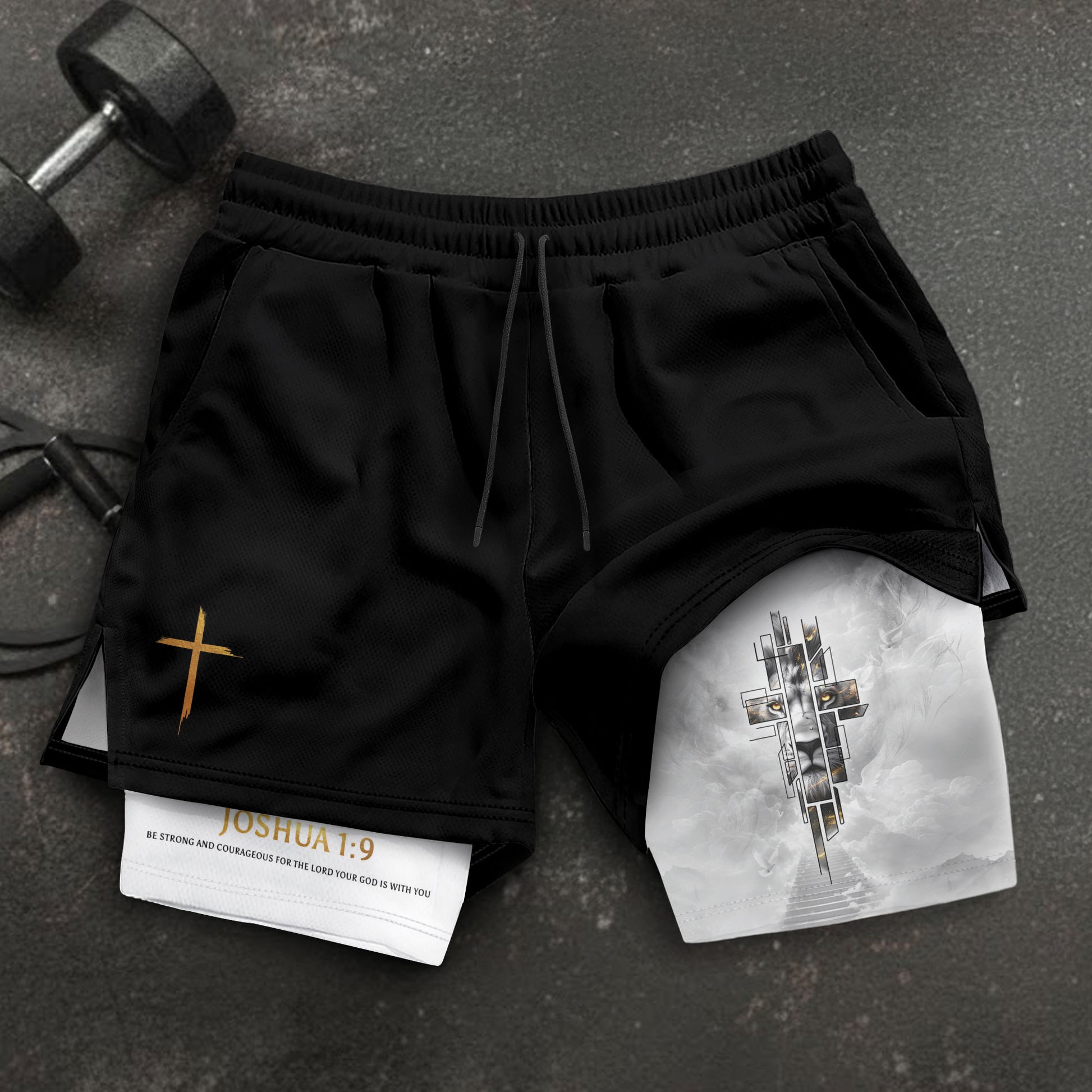 Joshua 1:9 Bible Verse Christian Men Workout Shorts Gold Lion of Judah Training Apparel - Rust Field Wear