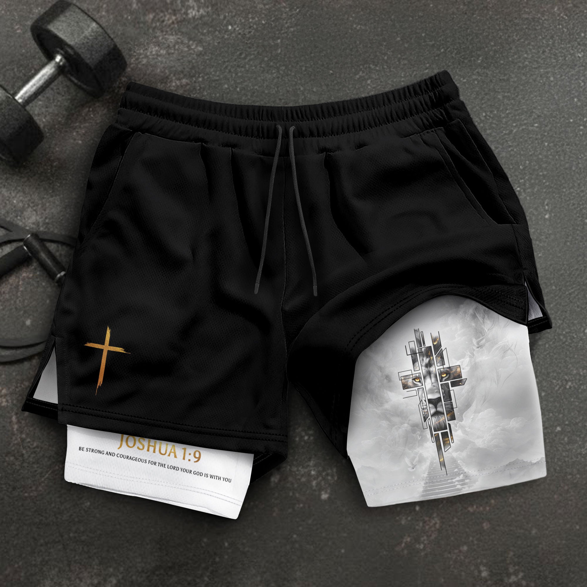Joshua 1:9 Bible Verse Christian Men Workout Shorts Gold Lion of Judah Training Apparel - Rust Field Wear