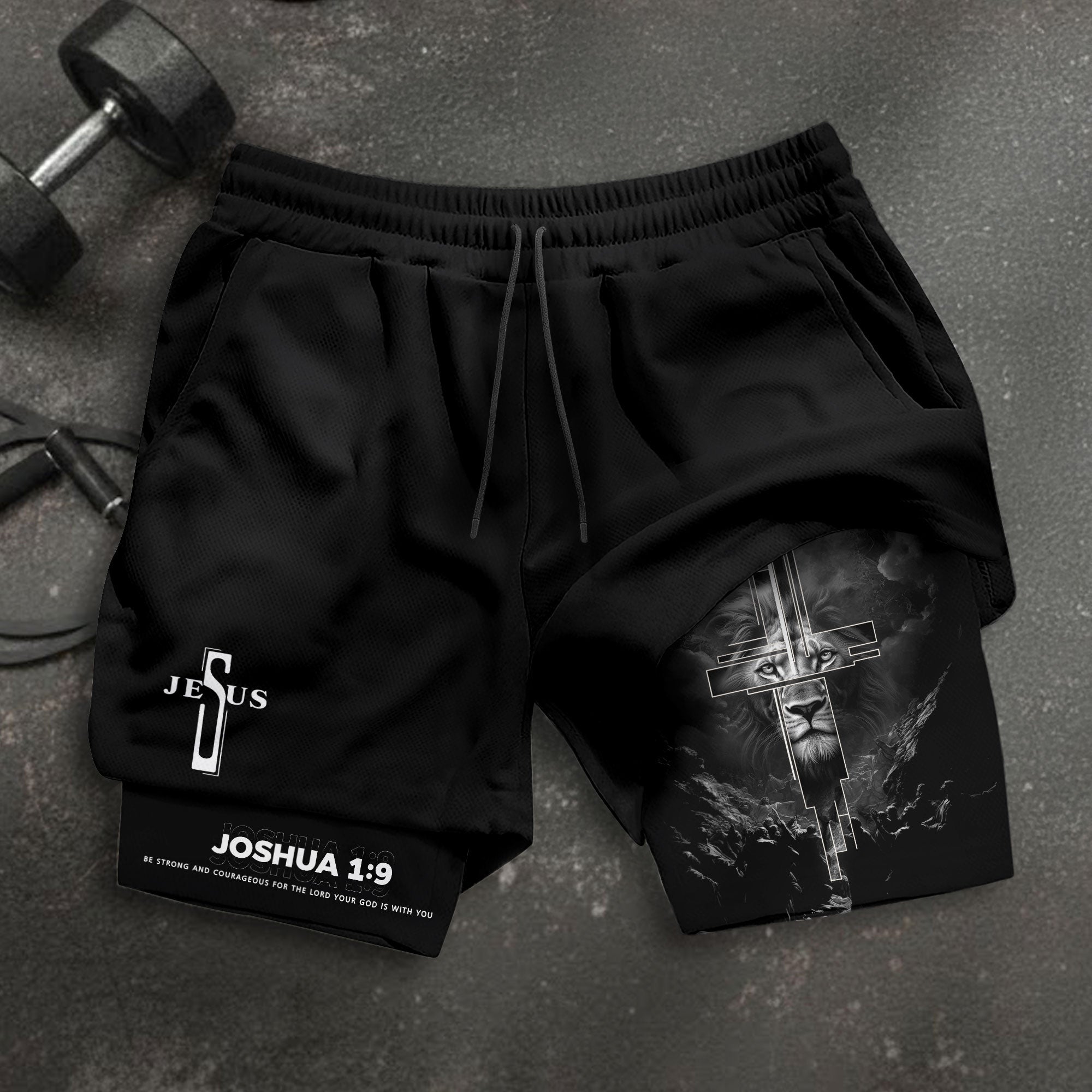 Joshua 1:9 Bible Verse Christian Men Gym Shorts Jesus Cross Nails Lion of Judah Training Activewear