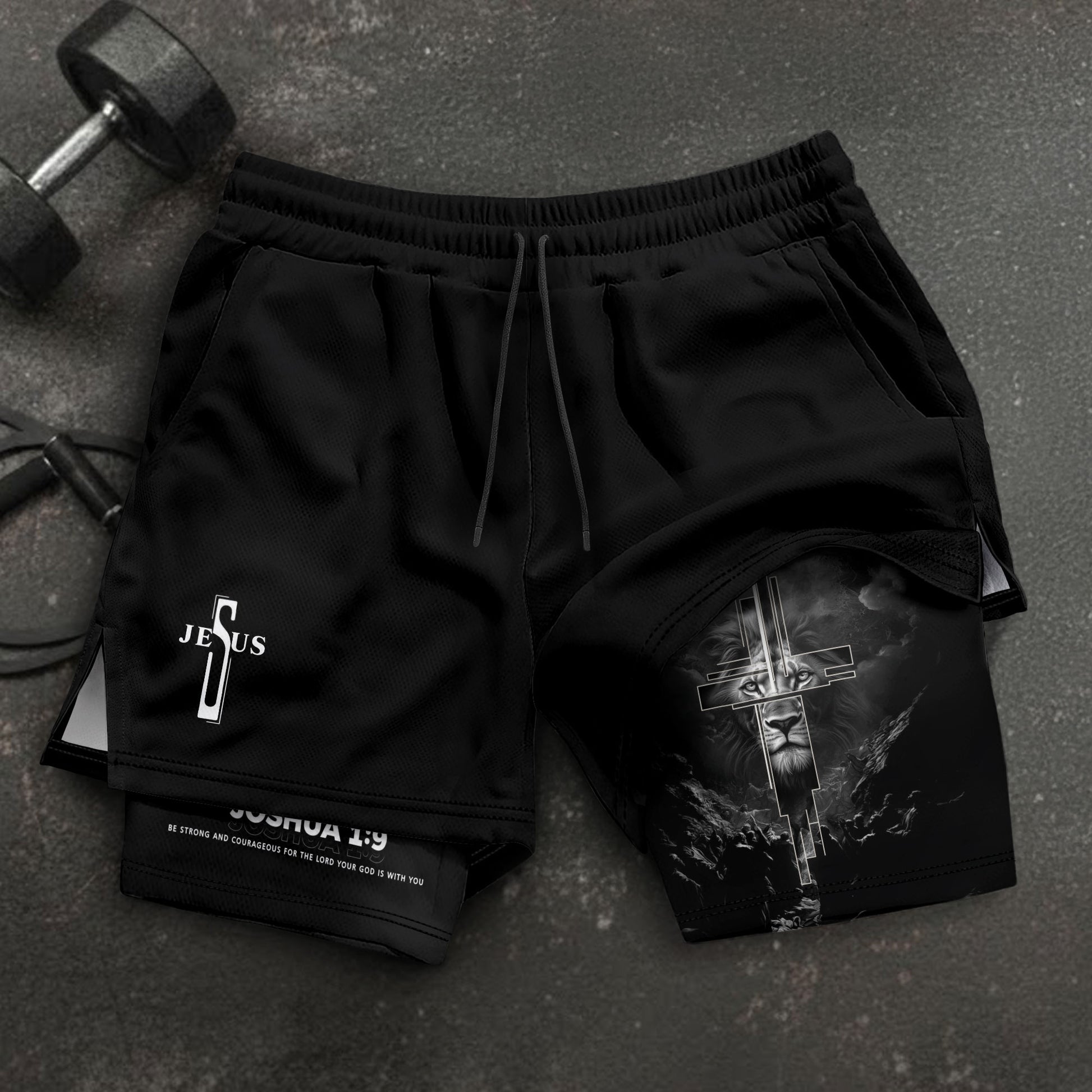 Joshua 1:9 Bible Verse Christian Men Gym Shorts Jesus Cross Nails Lion of Judah Training Activewear - Rust Field Wear