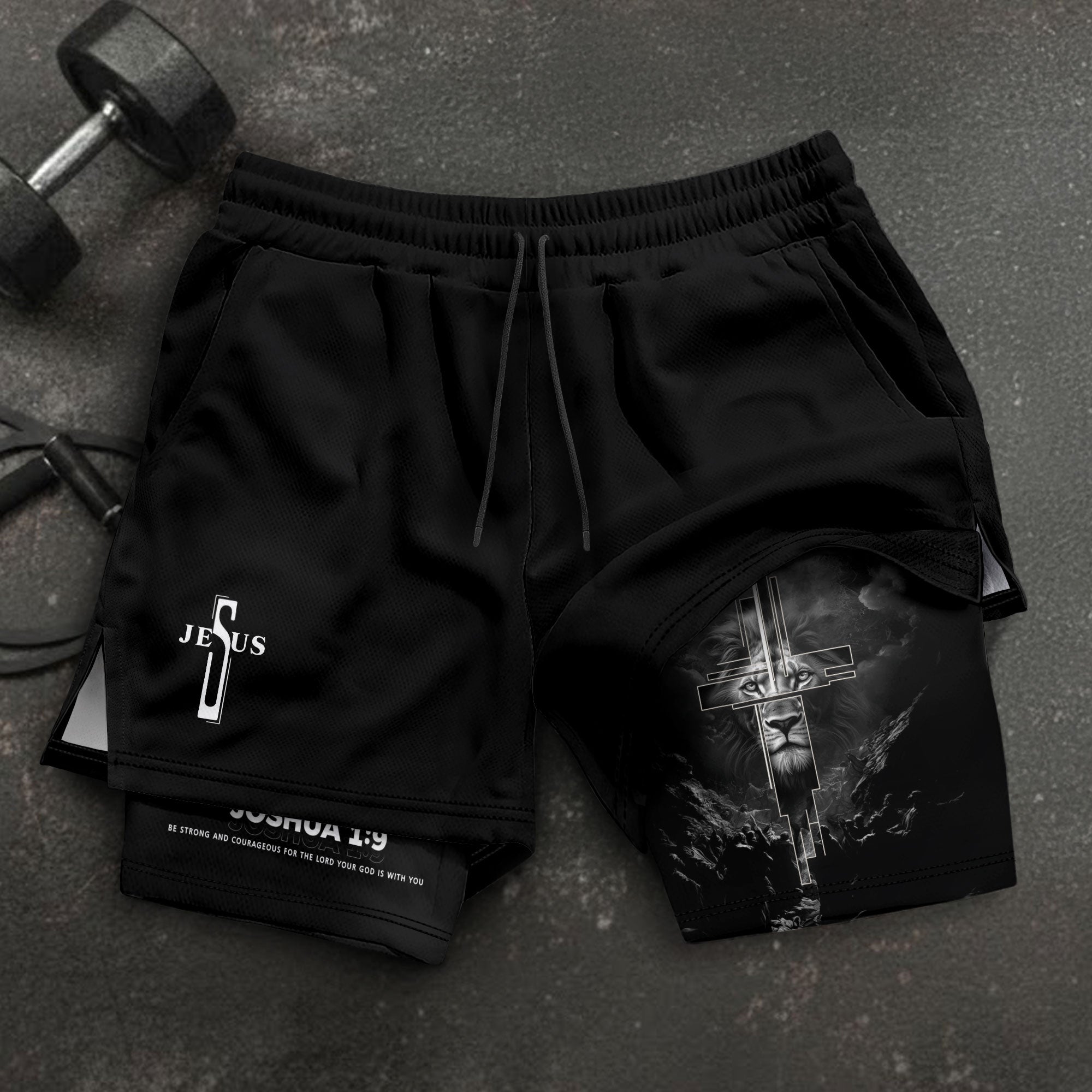 Joshua 1:9 Bible Verse Christian Men Gym Shorts Jesus Cross Nails Lion of Judah Training Activewear - Rust Field Wear