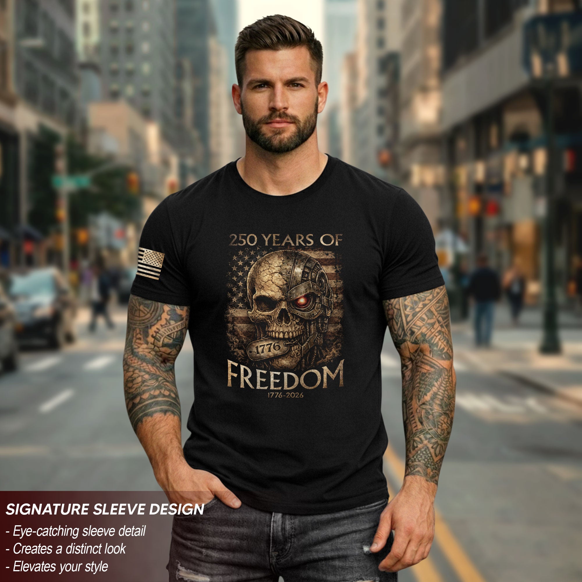 USA 250th Anniversary 250 Years Semiquincentennial Shirt 1776-2026 Mental Strength Freedom Cyborg Skull Patriotic Mens