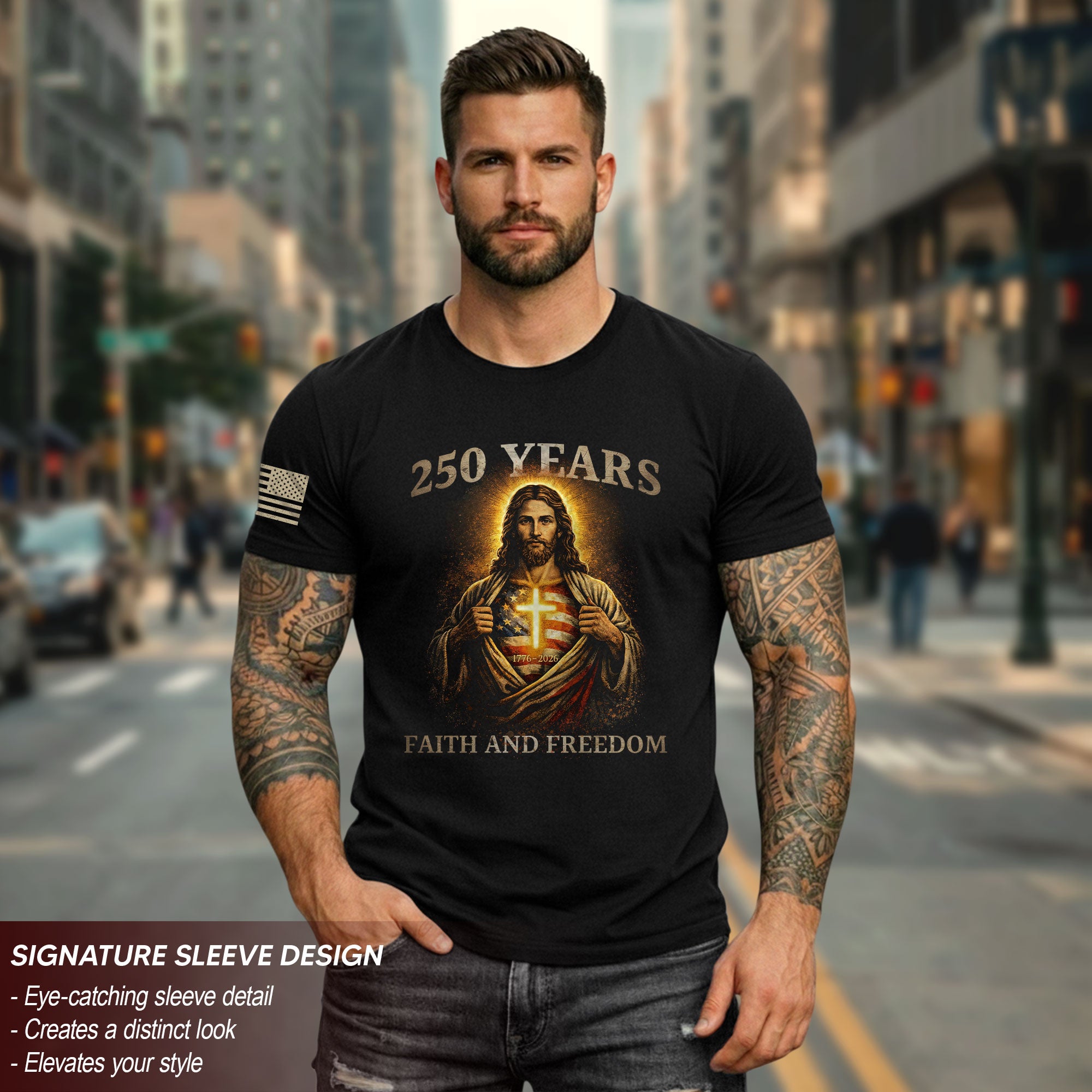 250th Anniversary 250 Years Christian Shirt - Patriotic Jesus with American Flag Heart & Glowing Cross Design