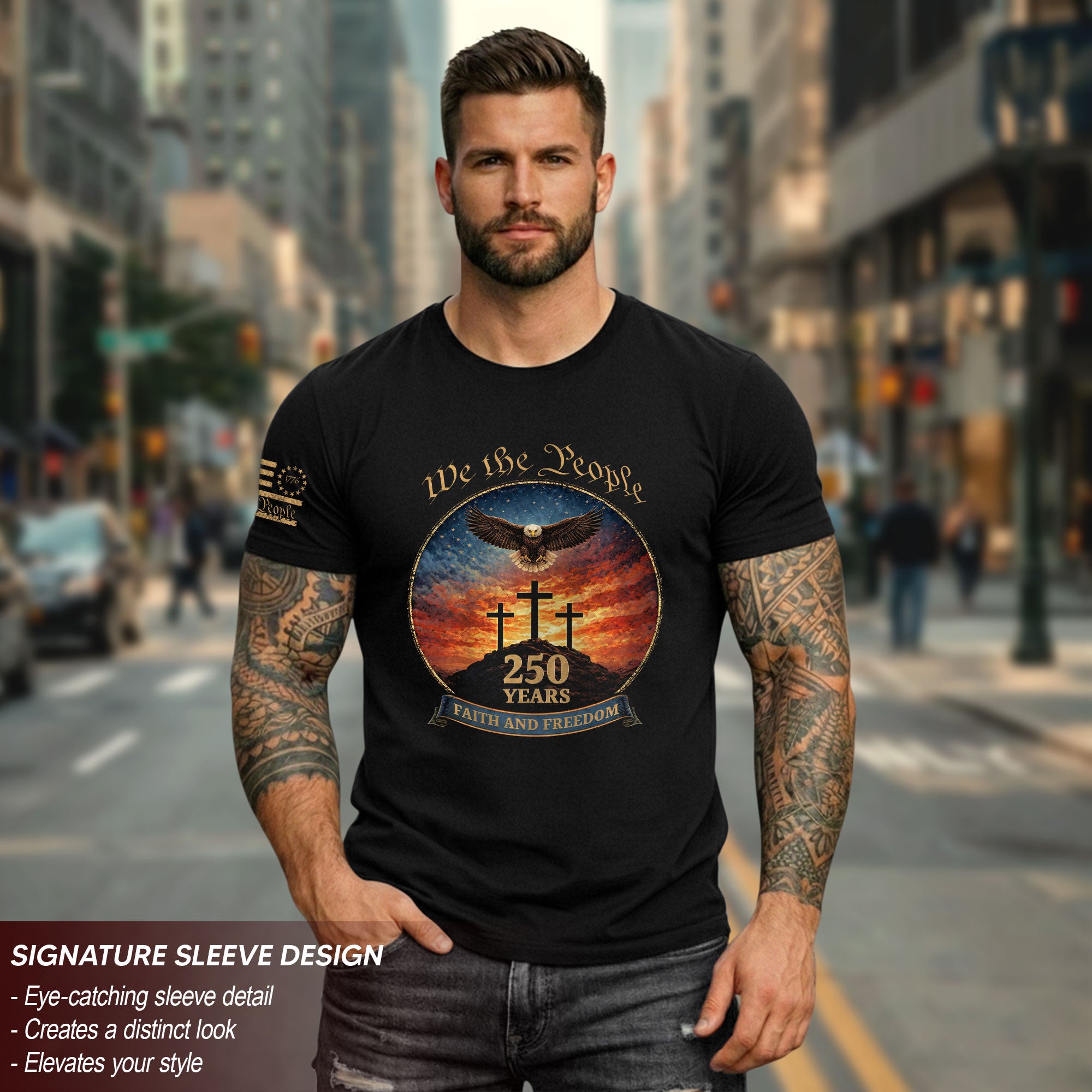 We the People 250th Anniversary T-Shirt - Christian American Patriot Eagle Soaring Over Three Crosses Design