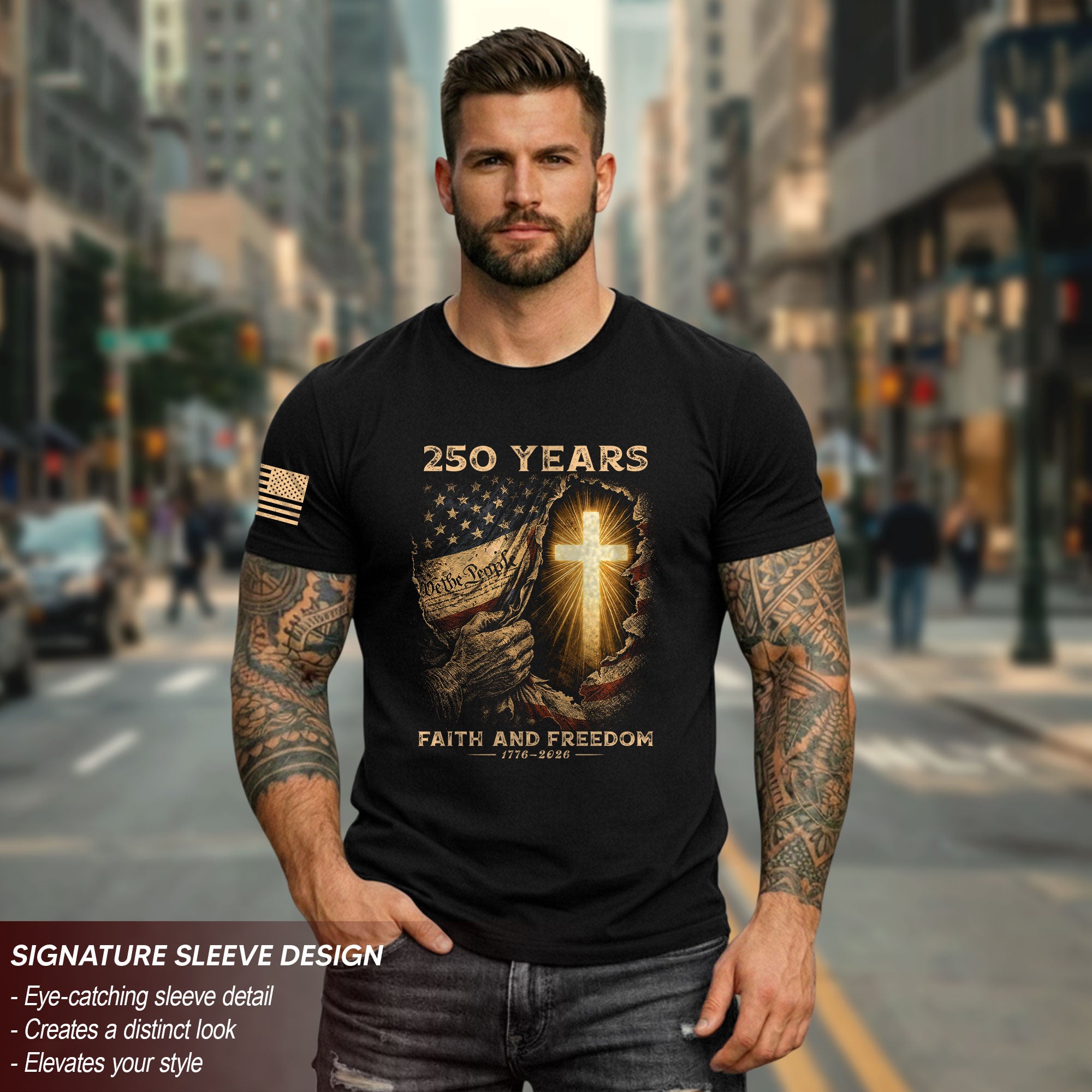 250th Anniversary Patriotic Shirt - Faith and Freedom Glowing Cross Christian Design