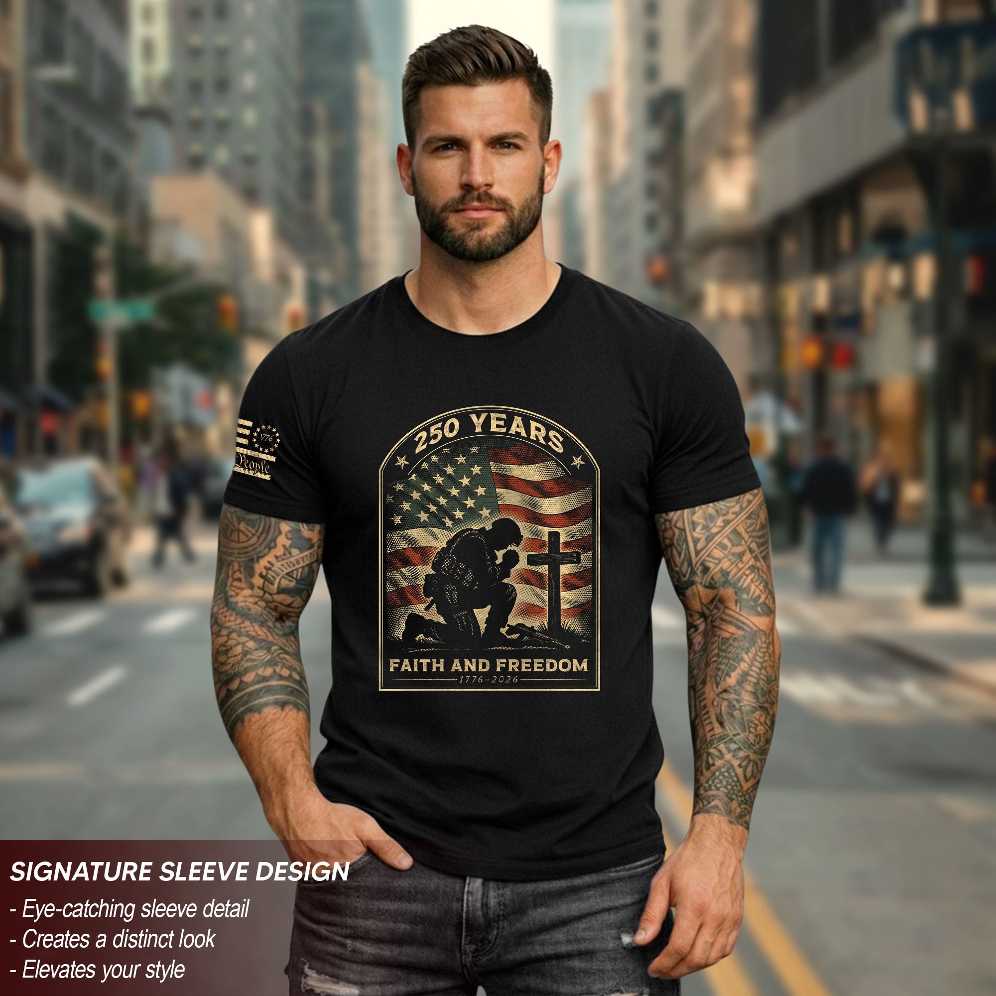 Faith and Freedom 250 Years 250th Anniversary Patriotic T-Shirt - Kneeling Soldier Prayer & American Flag Graphic Tee