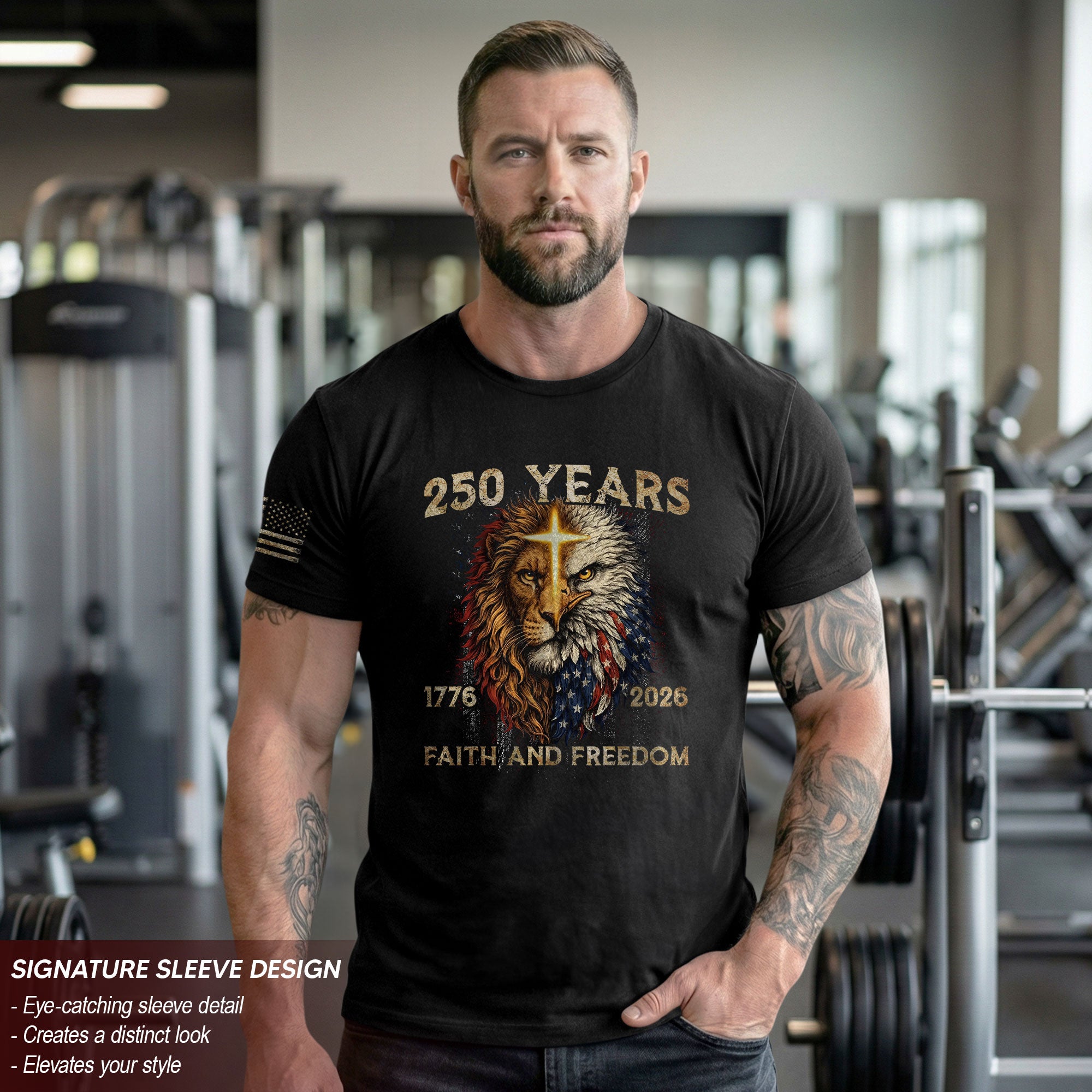 250 Years of Faith and Freedom Shirt - Lion and Eagle Cross Patriotic Strength Statement Graphic Tee