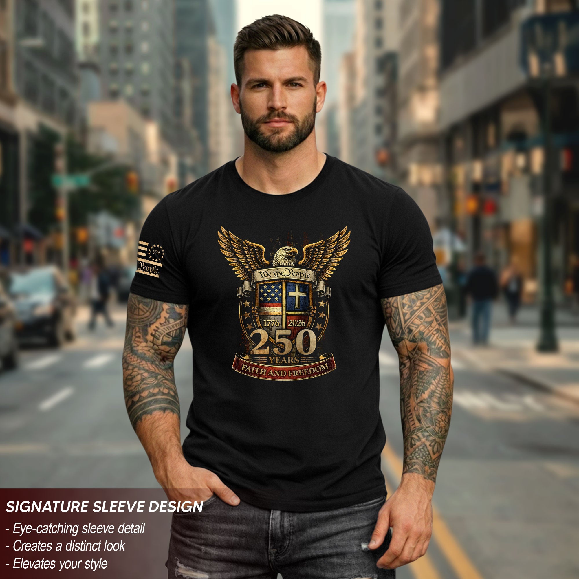 Faith and Freedom 250 Years T-Shirt - We the People Golden Eagle & Cross Crest Design