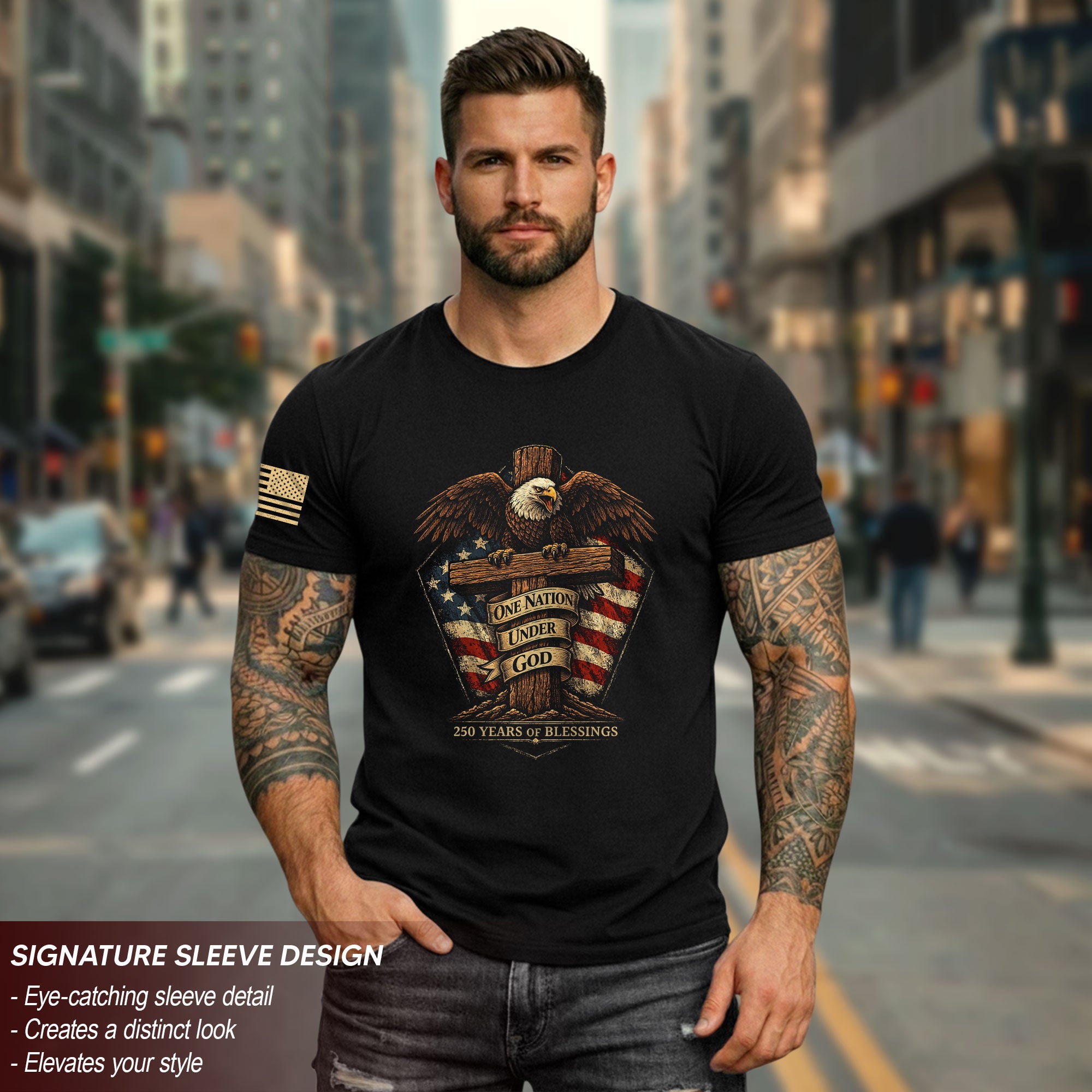 American Faith 250 Years of Blessings T-Shirt - One Nation Under God Eagle & Cross Design