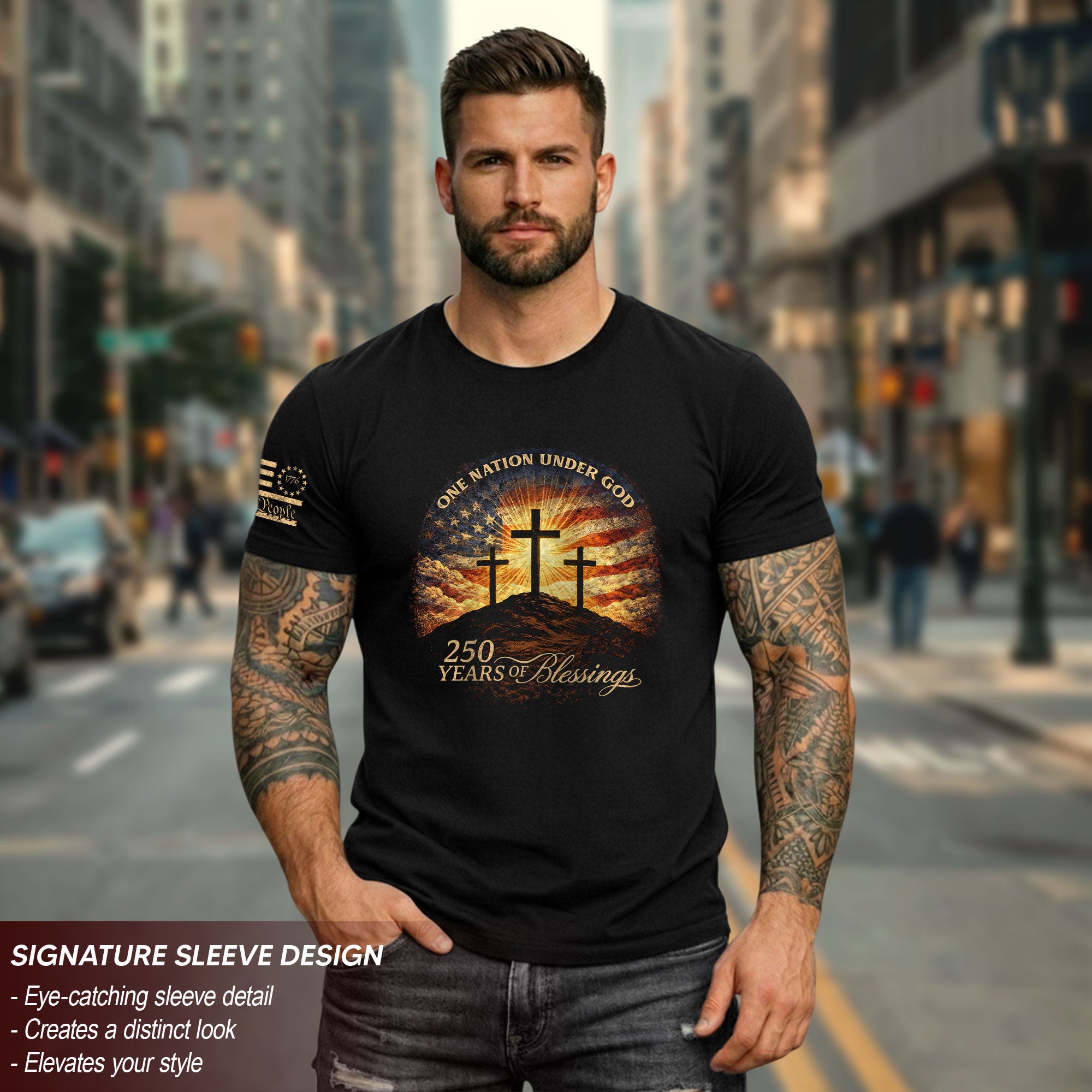250 Years of Blessings One Nation Under God Shirt - 250th Anniversary Commemorative Crosses & Flag Tee