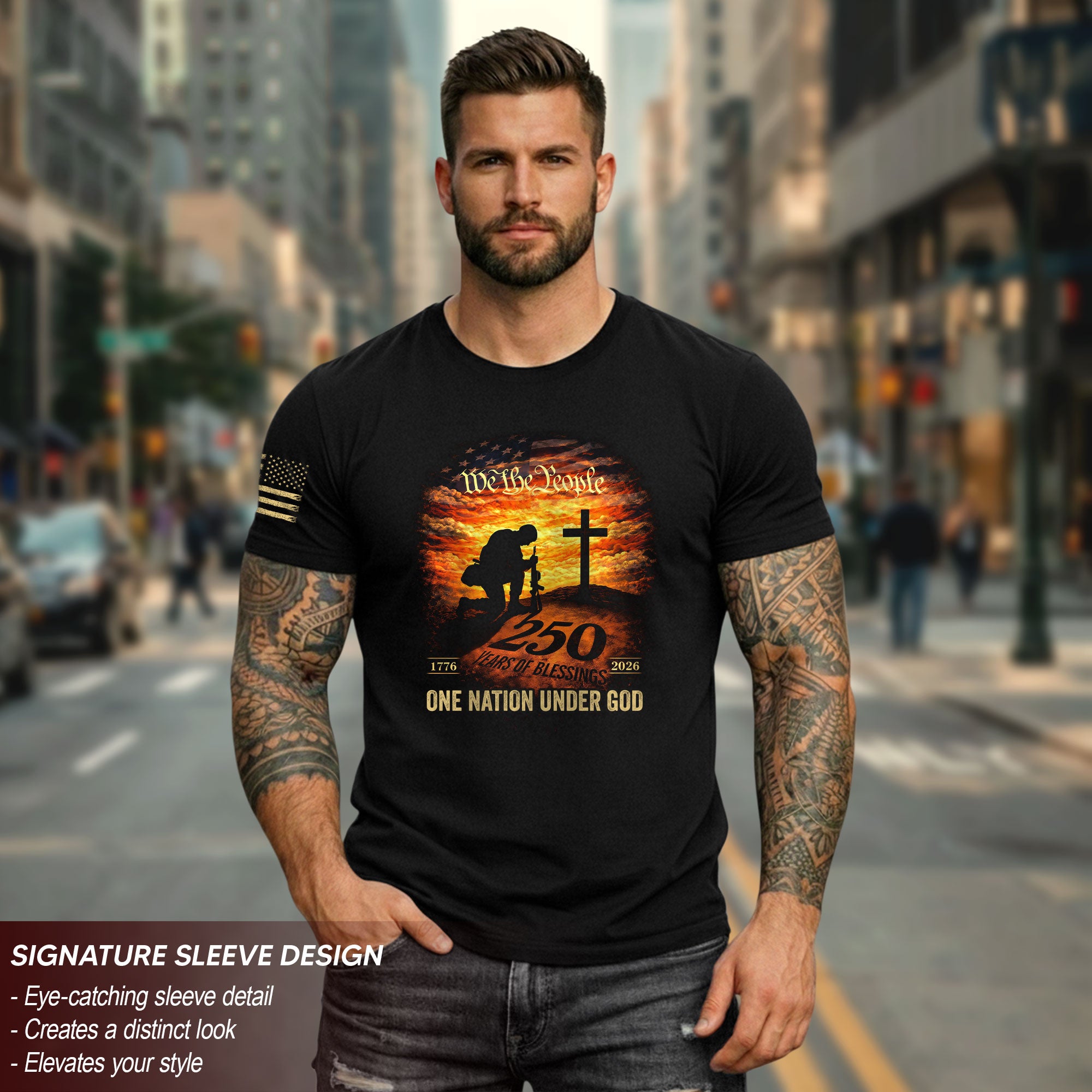 250 Years of Blessings T-Shirt - One Nation Under God Patriotic Soldier Prayer & US Flag Tee