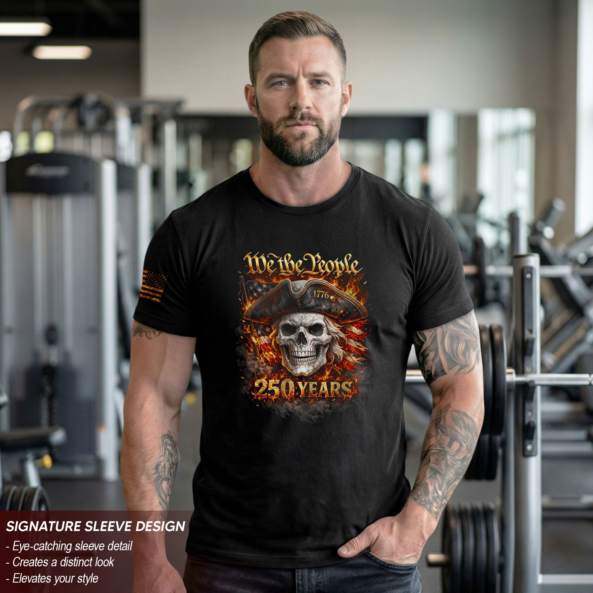 America 250 Years Patriotic Skull T-Shirt - Semiquincentennial 1776-2026 "We The People" Flaming Flag Tee