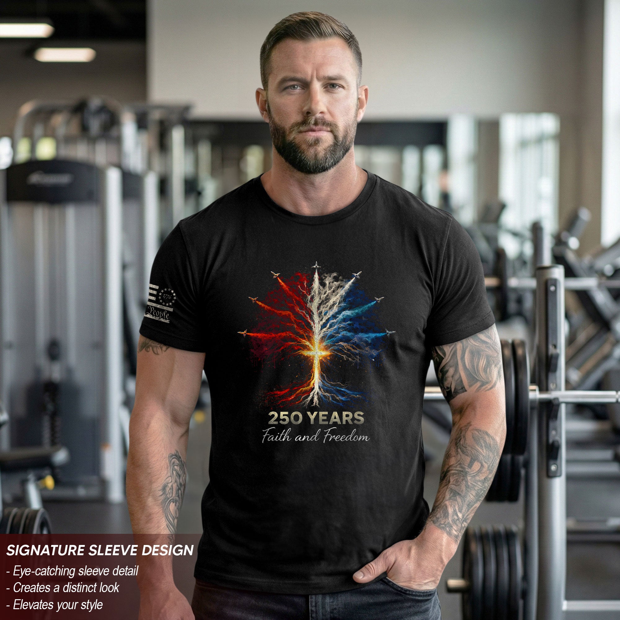 USA Semiquincentennial 250 Years Faith and Freedom 1776–2026 Patriotic Cross Fireworks T-Shirt
