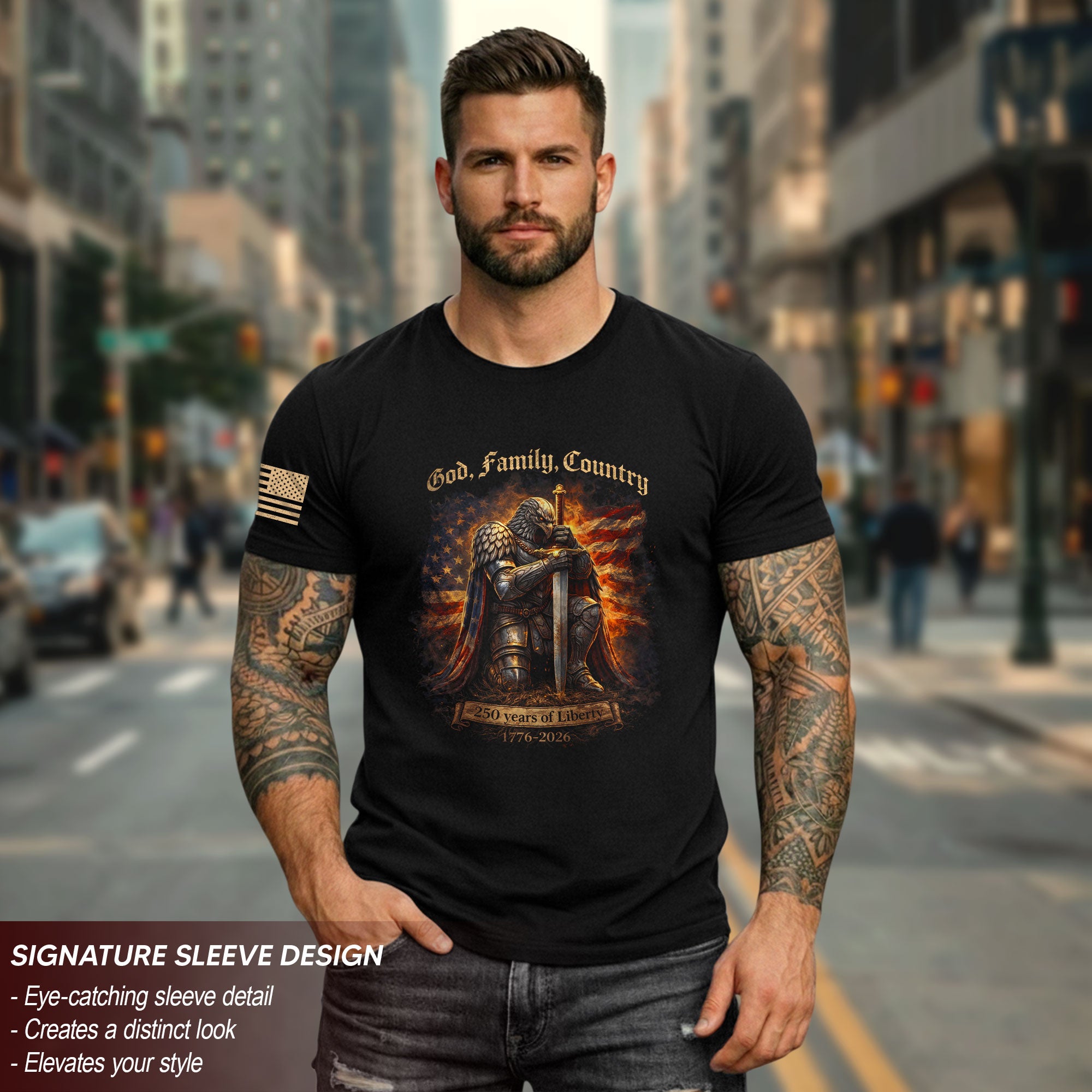 USA 250th Anniversary 1776-2026 Semiquincentennial T-Shirt – God Family Country Eagle Knight Warrior 250 Years of Liberty Patriotic Men’s Tee