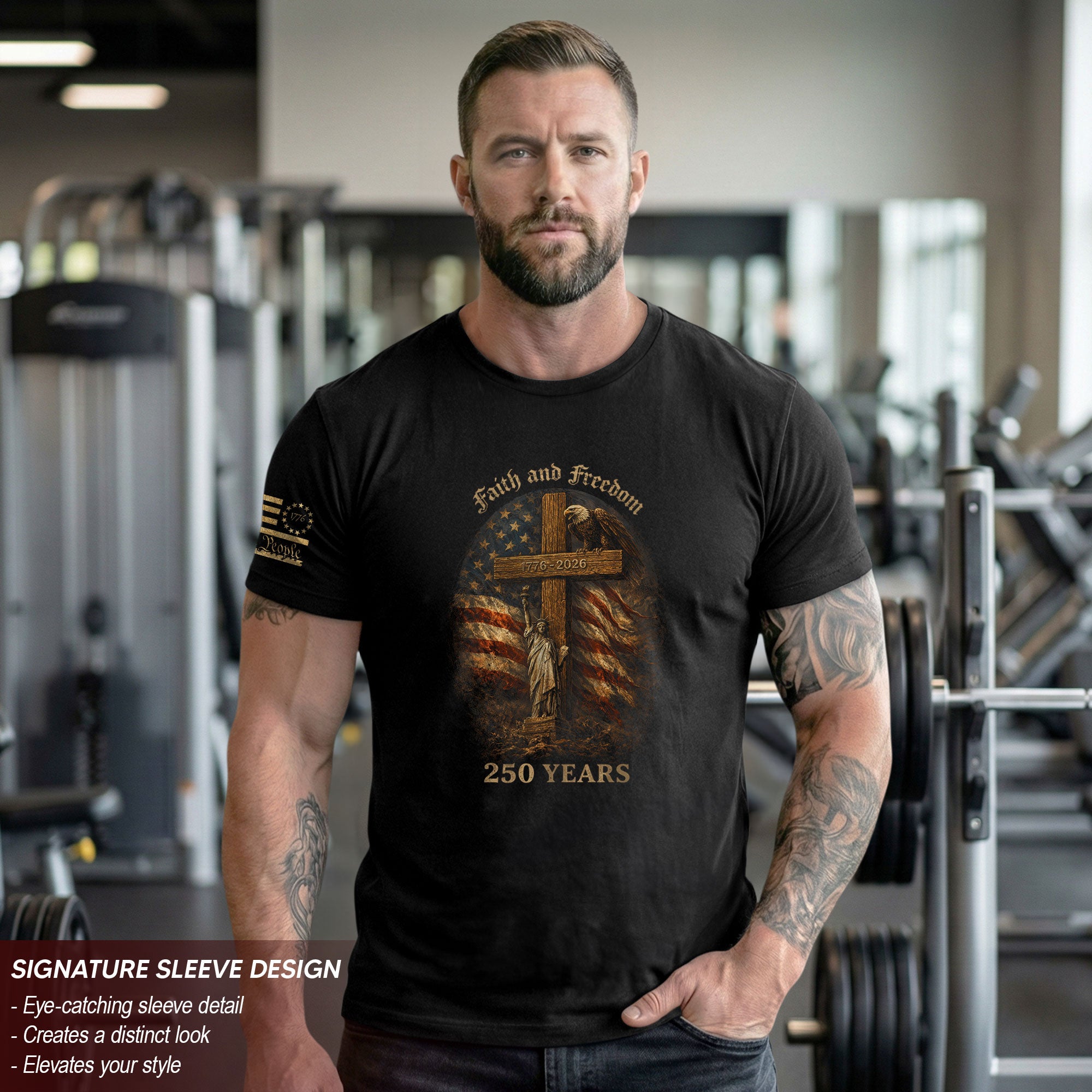 America 250th Anniversary 1776-2026 Semiquincentennial T-Shirt – Statue of Liberty Faith and Freedom Cross Eagle Patriotic USA Flag Tee