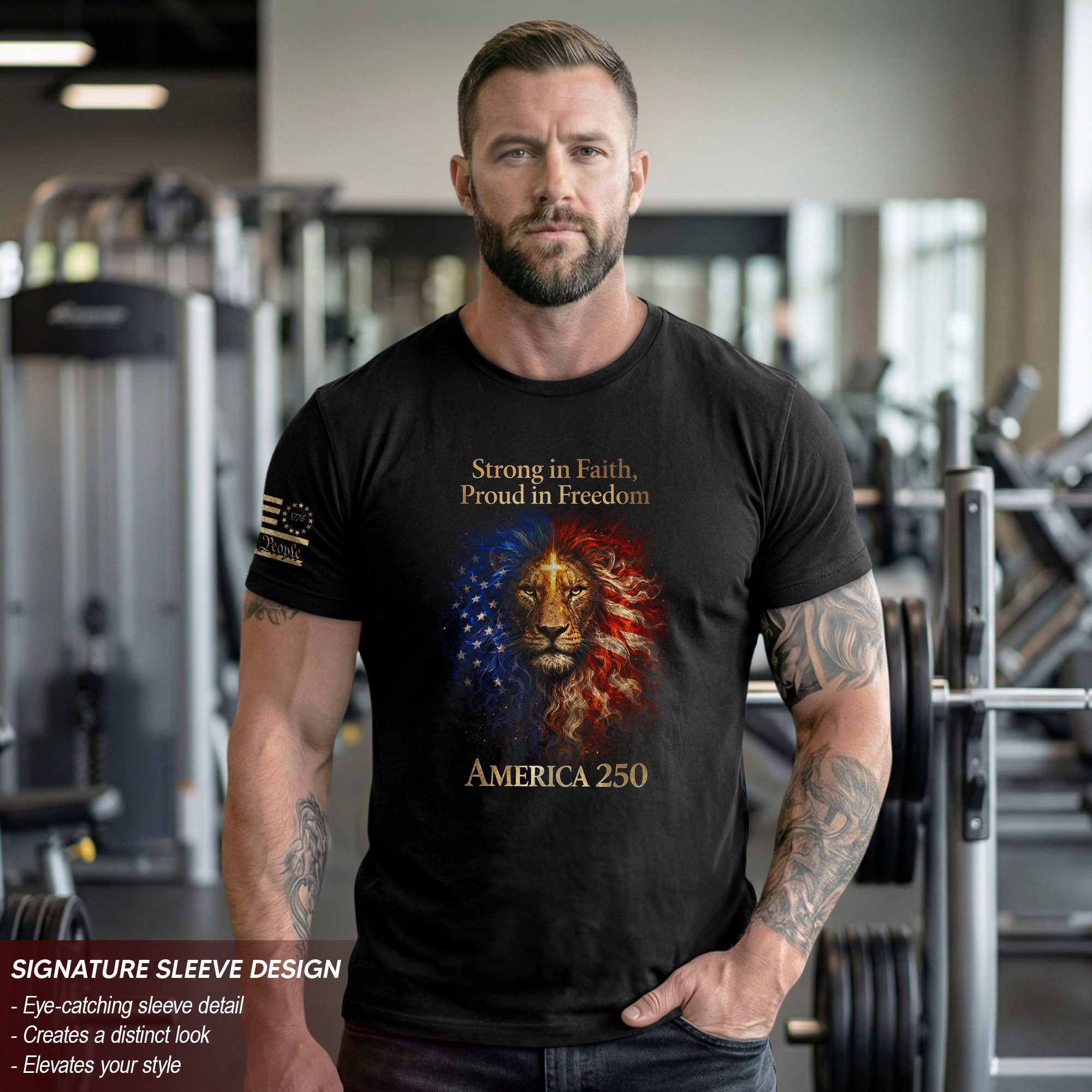America 250th Anniversary 1776-2026 Semiquincentennial T-Shirt – Strong in Faith Proud in Freedom Lion Cross Patriotic Tee