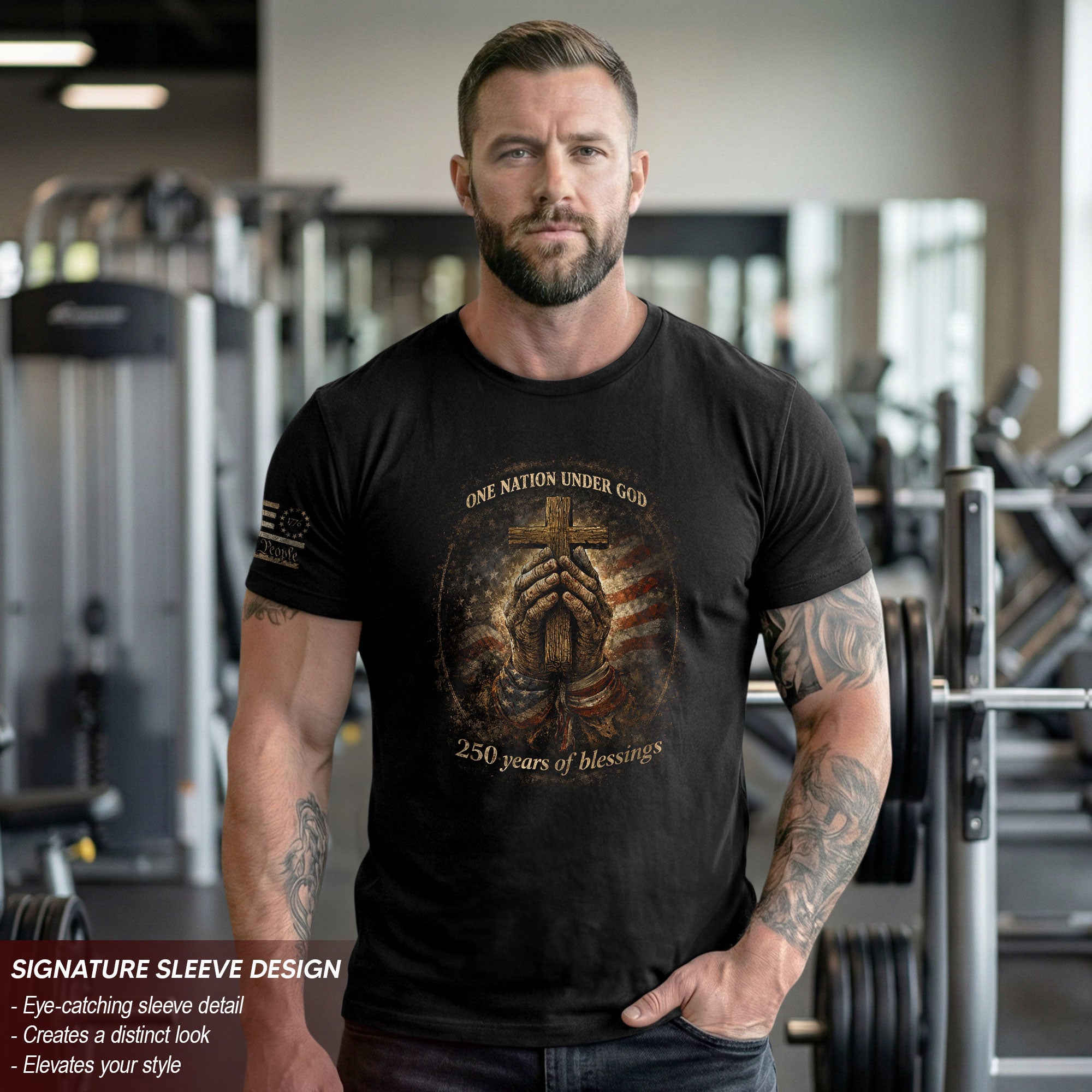 America 250th Anniversary 1776-2026 Shirt – 250 Years of Blessings, Praying Hands & Cross Christian Patriotic Semiquincentennial Tee