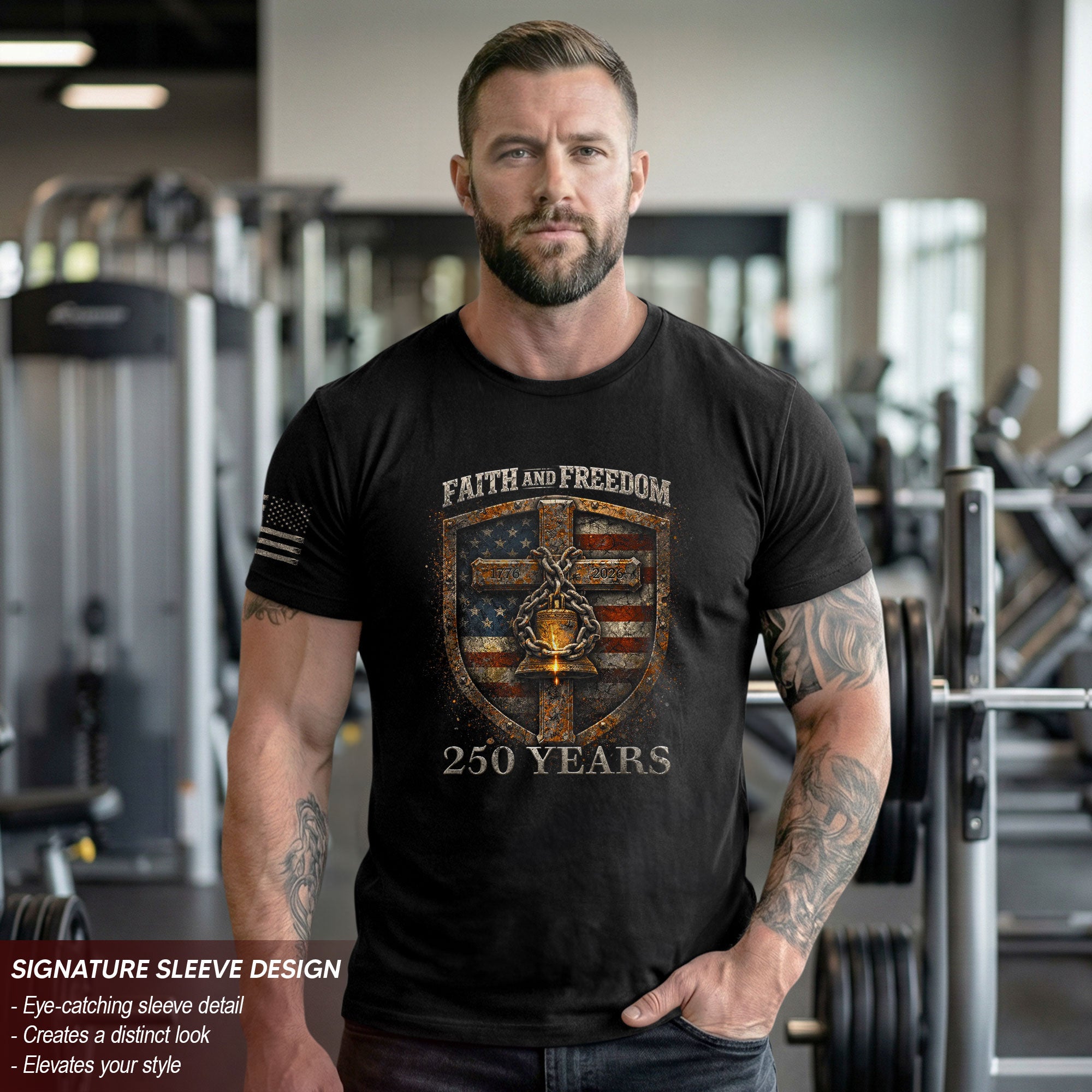 America 250th Anniversary 1776-2026 Semiquincentennial T-Shirt – Shield of Faith Freedom Christian Liberty Bell Patriotic Shirt for Men