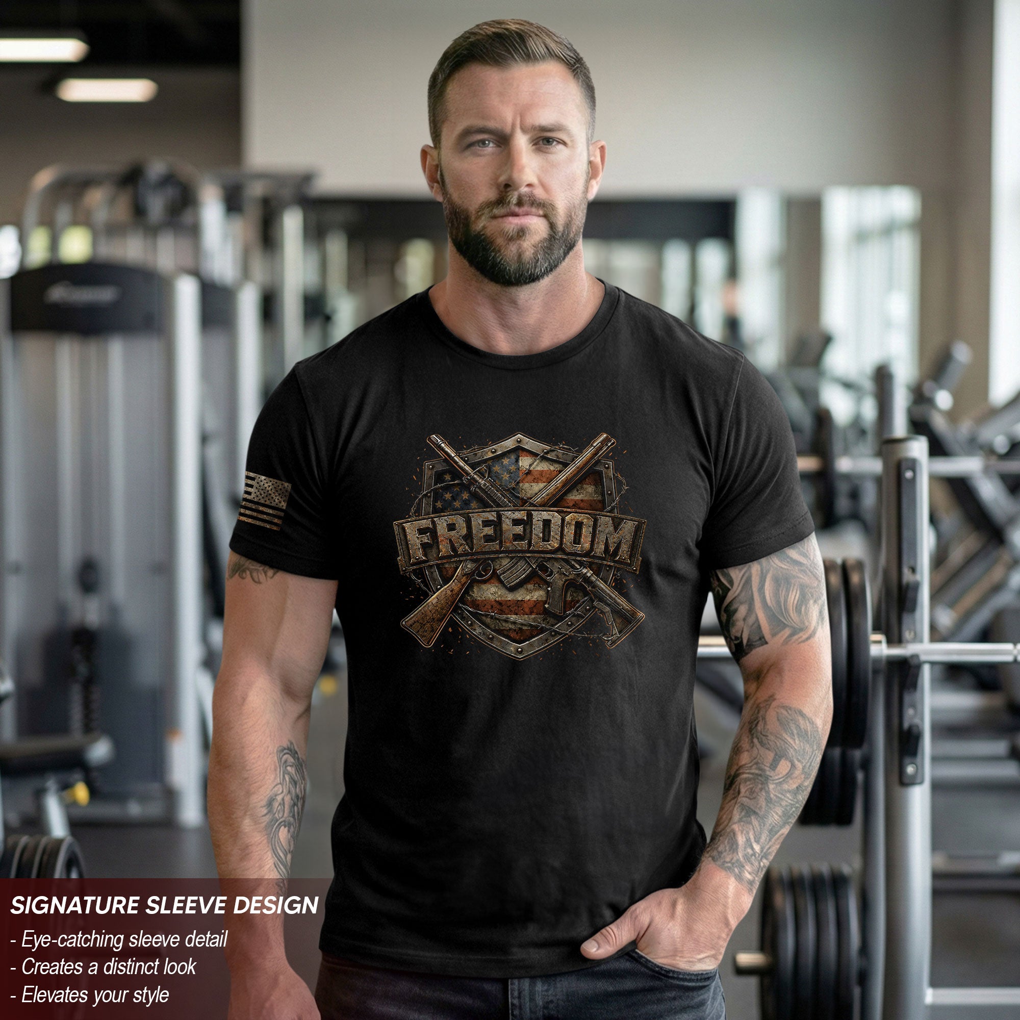 Freedom 2D Shield T-Shirt - Patriotic 2nd Amendment Graphic Tee & American Flag Rifles