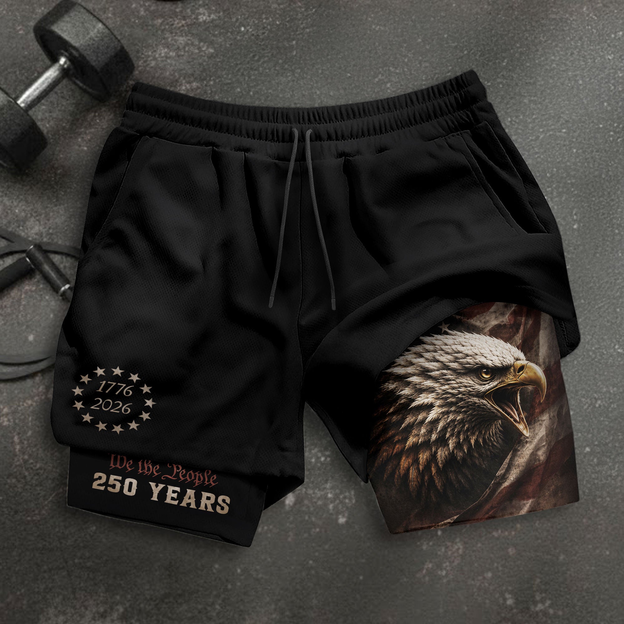 Gym Shorts Men Patriotic 1776 2026 We The People Freedom Eagle Compression Mesh