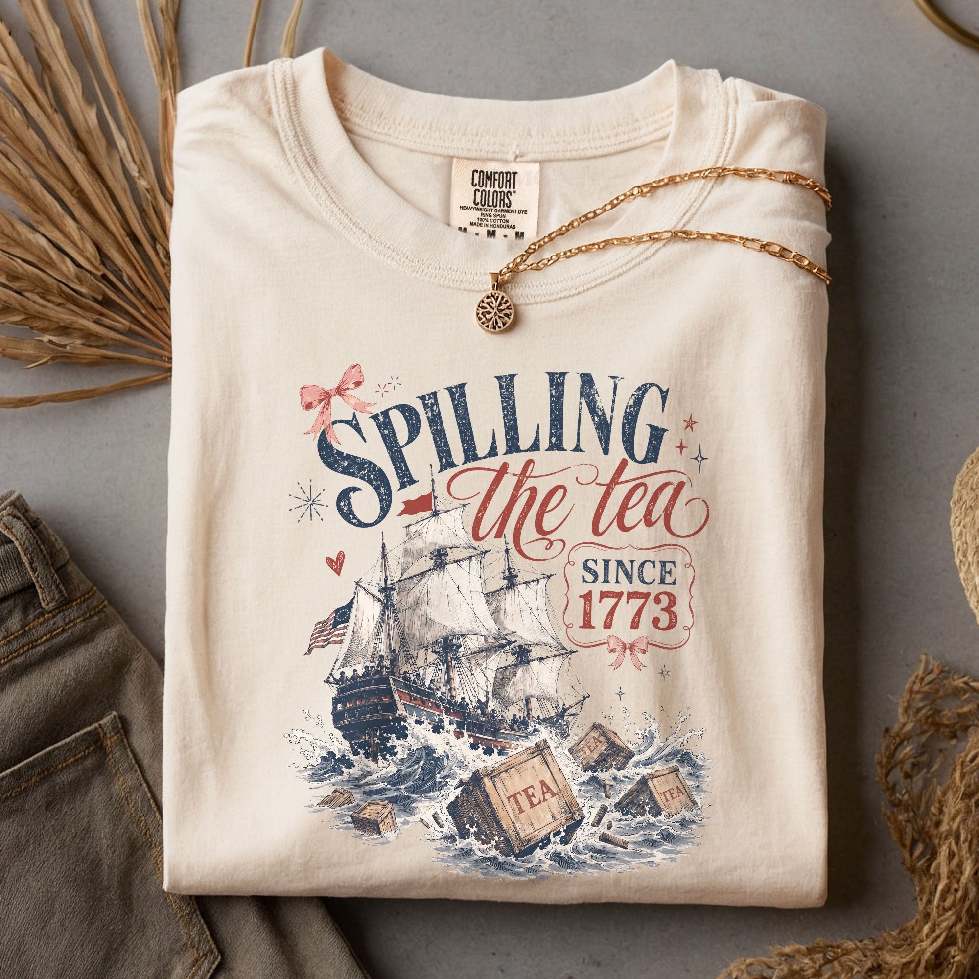 Spilling The Tea Since 1773 Shirt Cute Coquette Bow Graphic Tee Boston Tea Party Top