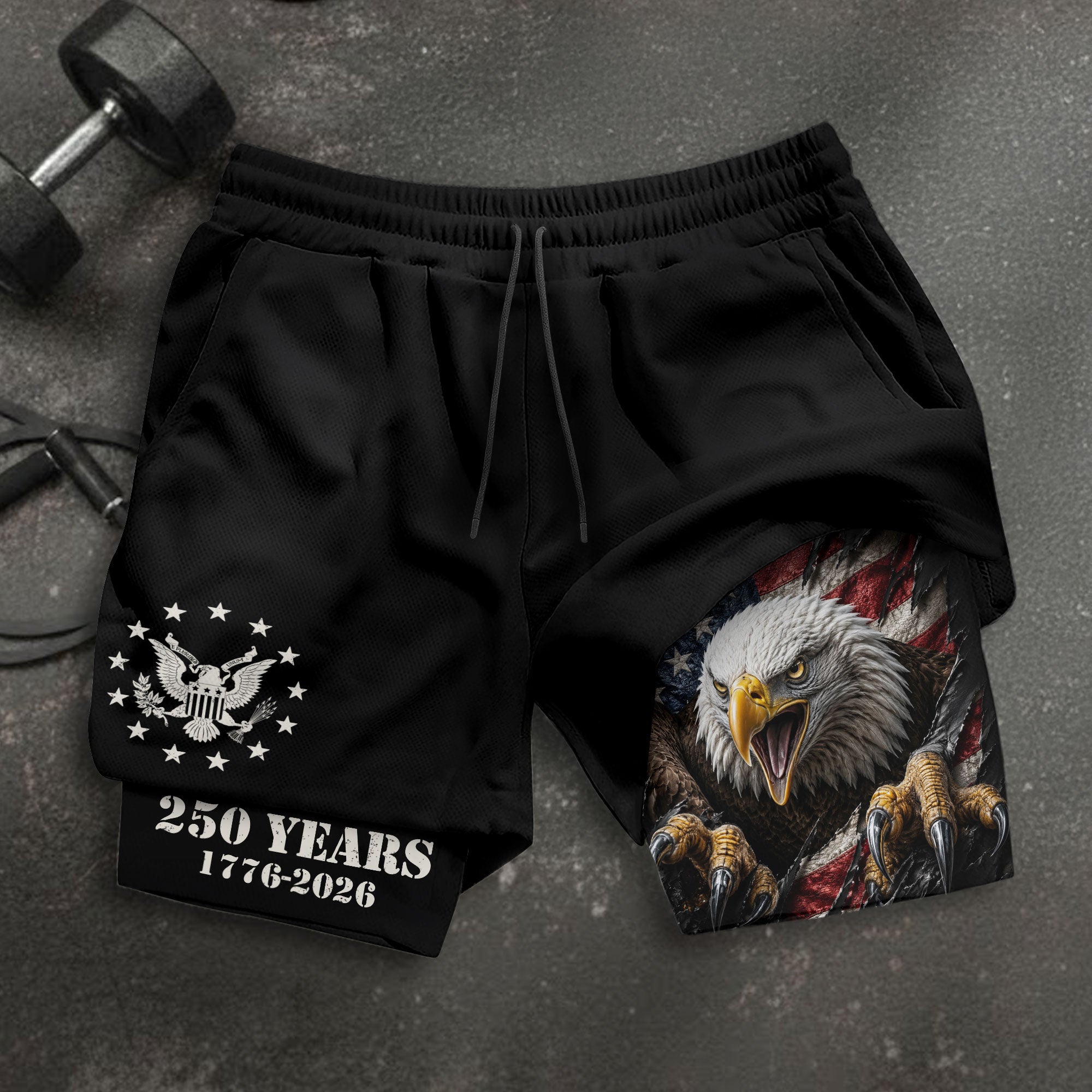 250 Years Eagle Gym Shorts 1776-2026 Patriotic American Flag Workout Shorts